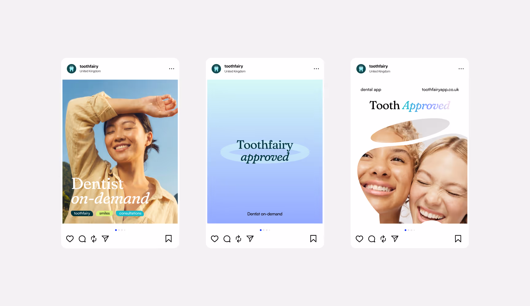 Instagram carousel mockups for Toothfairy dental app featuring lifestyle photography, gradient brand graphics, smiling faces, and messaging such as “Dentist on-demand” and “Toothfairy approved,” promoting accessible digital dental care and consultations.