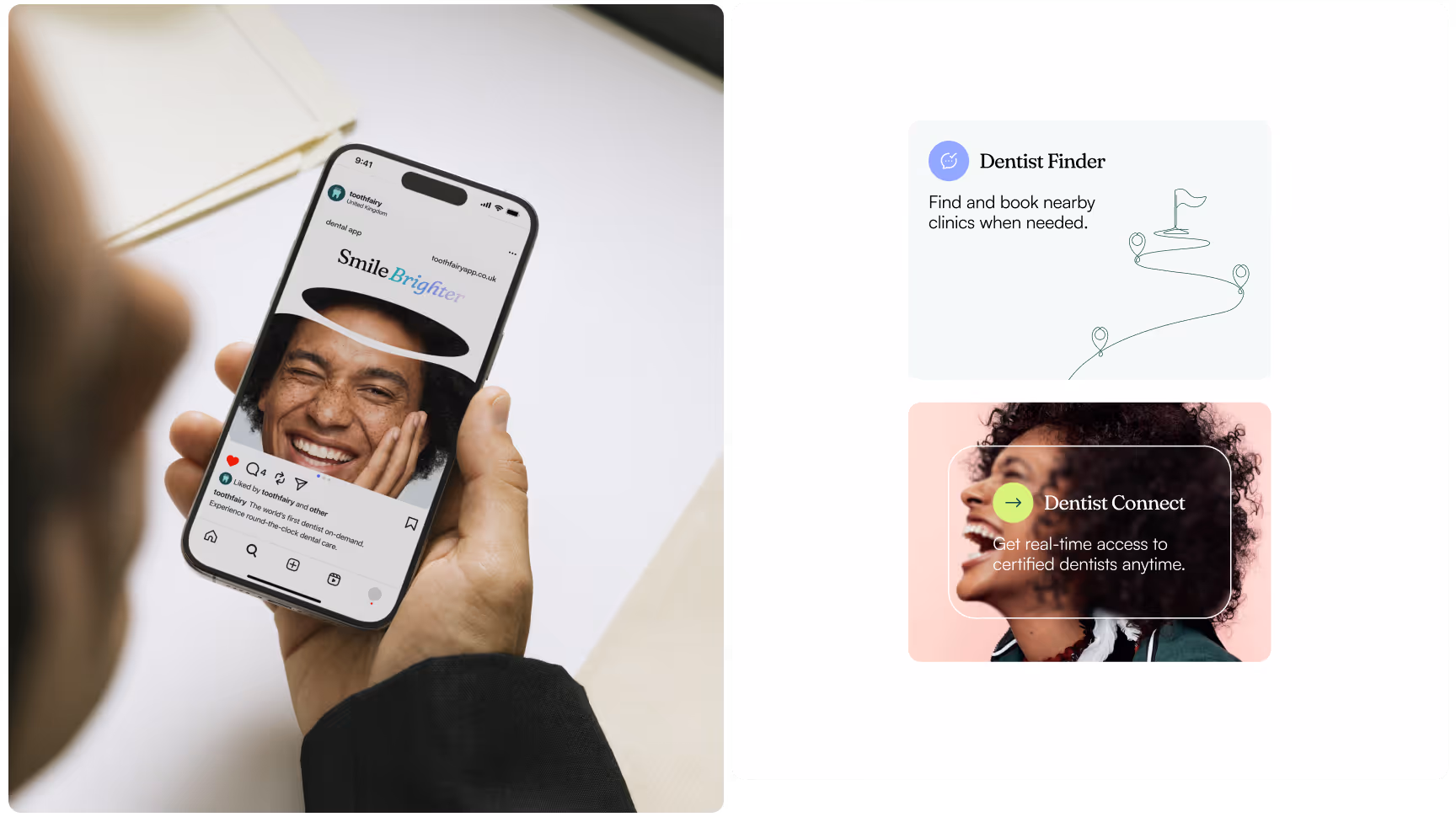 Split-screen Toothfairy app showcase featuring a smartphone displaying a dental care social media ad alongside app features for Dentist Finder and Dentist Connect, enabling clinic booking, real-time access to certified dentists, and on-demand oral healthca