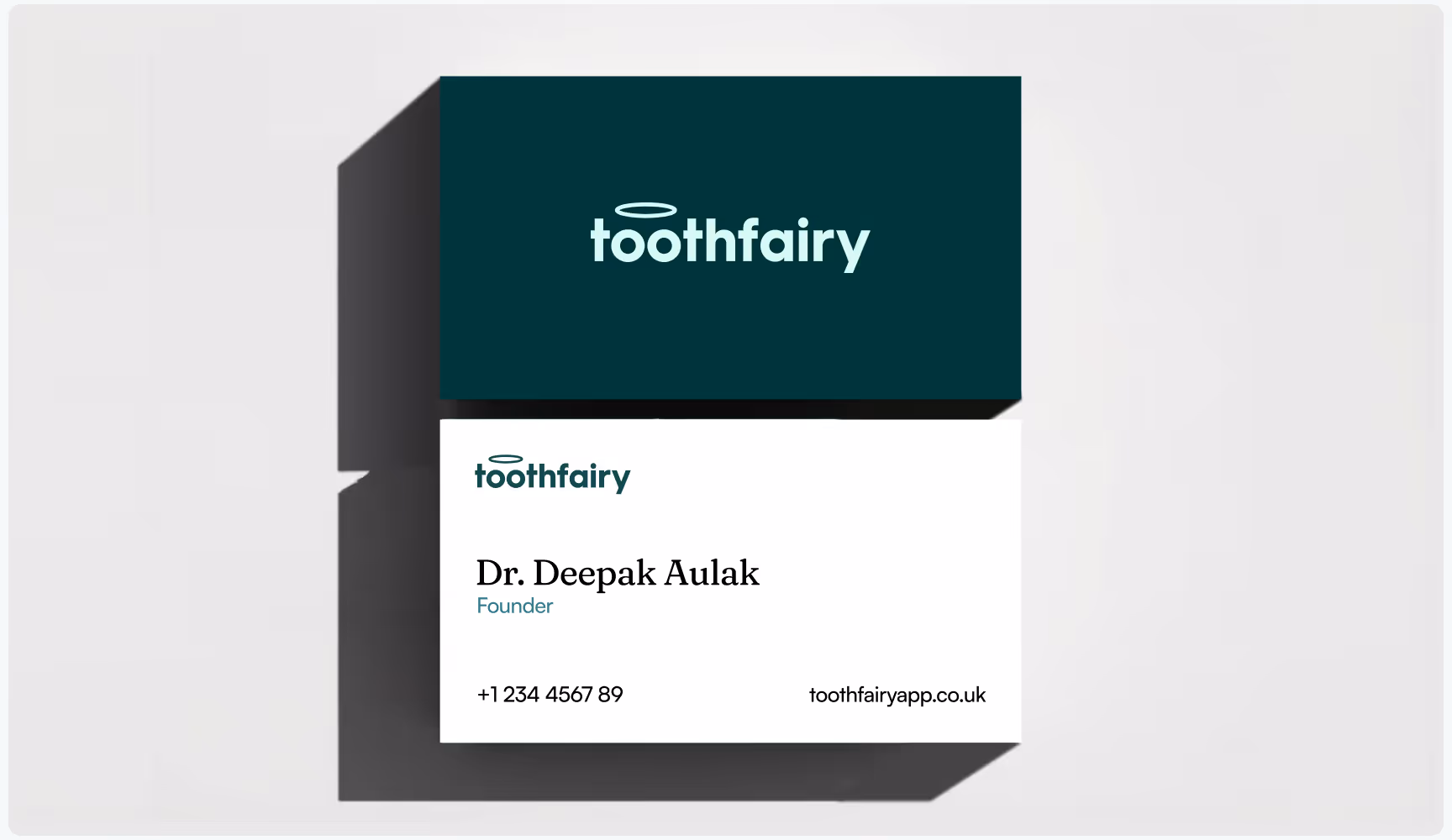 Minimalist Toothfairy business card design featuring the brand logo, founder contact details, clean typography, and a dark teal color palette, showcasing professional healthcare branding and corporate identity.