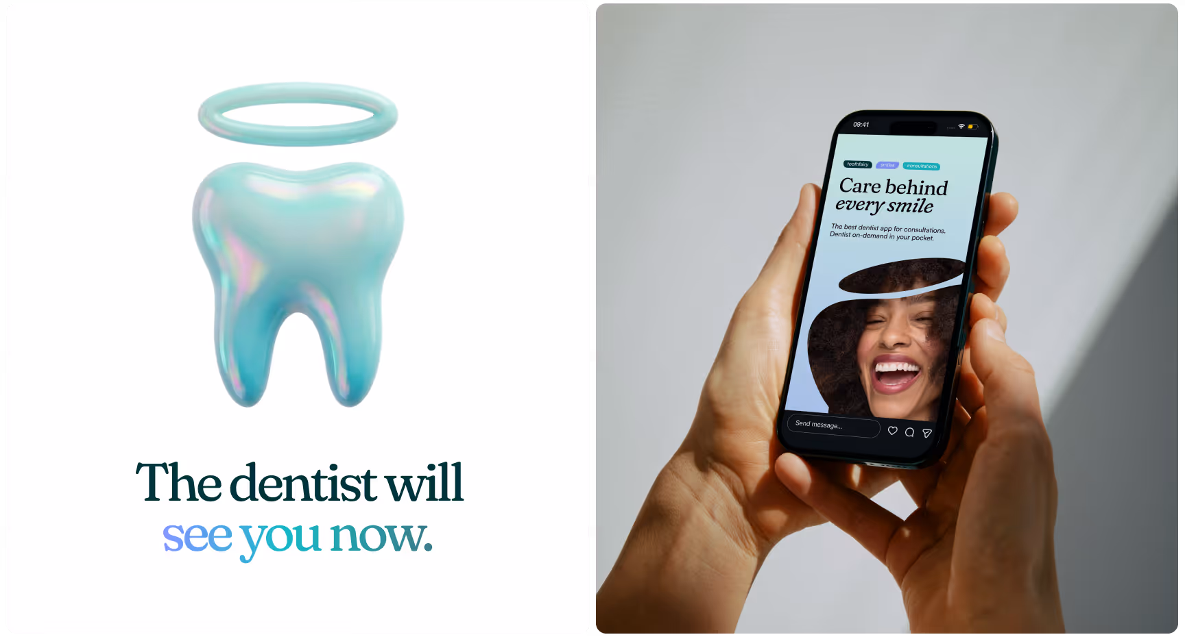 Split-screen Toothfairy brand graphic featuring a haloed tooth icon with the tagline “The dentist will see you now” and a smartphone displaying a social media ad promoting on-demand dental consultations, accessible oral healthcare, and digital dentistry se
