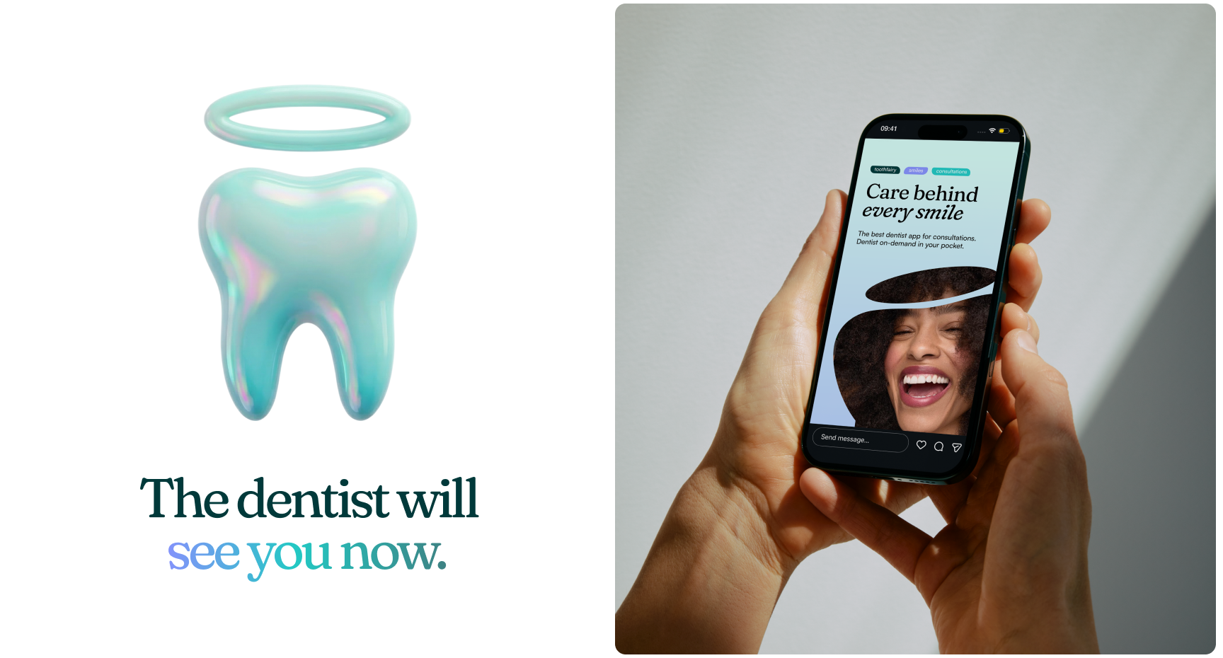 Split-screen Toothfairy brand graphic featuring a haloed tooth icon with the tagline “The dentist will see you now” and a smartphone displaying a social media ad promoting on-demand dental consultations, accessible oral healthcare, and digital dentistry se