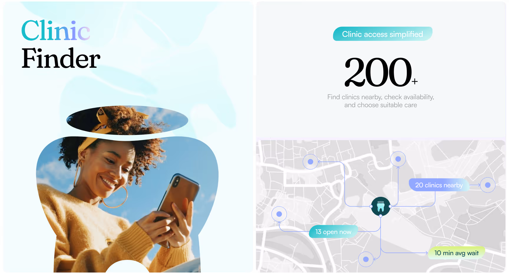 Toothfairy Clinic Finder feature showcase featuring a user searching on a smartphone and a clinic locator map highlighting 200+ dental clinics, real-time availability, nearby locations, and simplified access to on-demand dental care.
