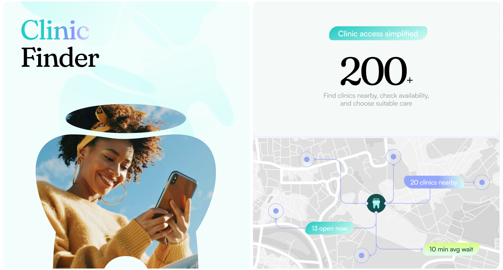 Toothfairy Clinic Finder feature showcase featuring a user searching on a smartphone and a clinic locator map highlighting 200+ dental clinics, real-time availability, nearby locations, and simplified access to on-demand dental care.