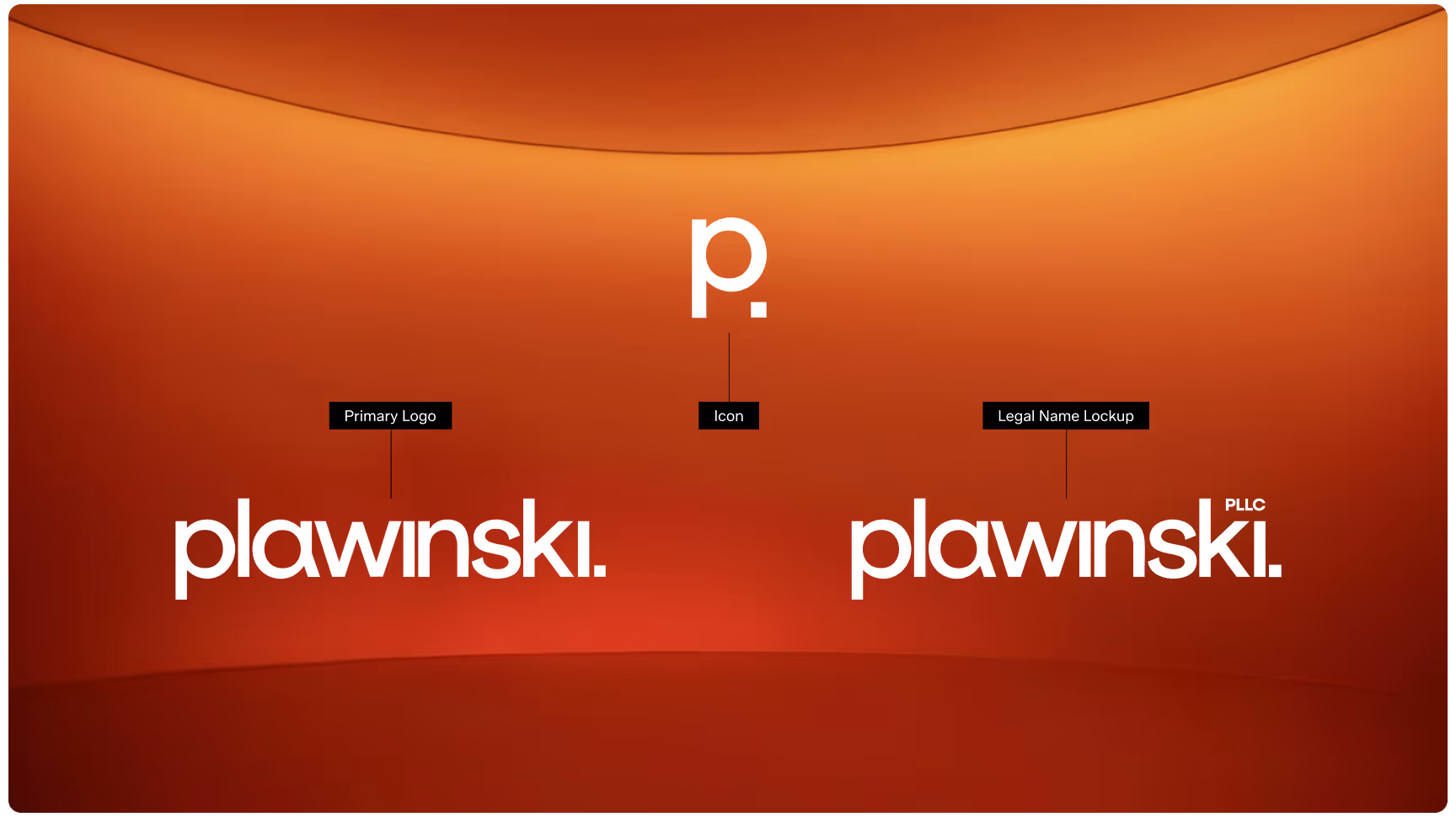 Logo identity system for Plawinski PLLC showcasing the primary wordmark, standalone “P.” icon, and legal name lockup on a bold red gradient background, highlighting modern legal branding and minimalist visual identity.