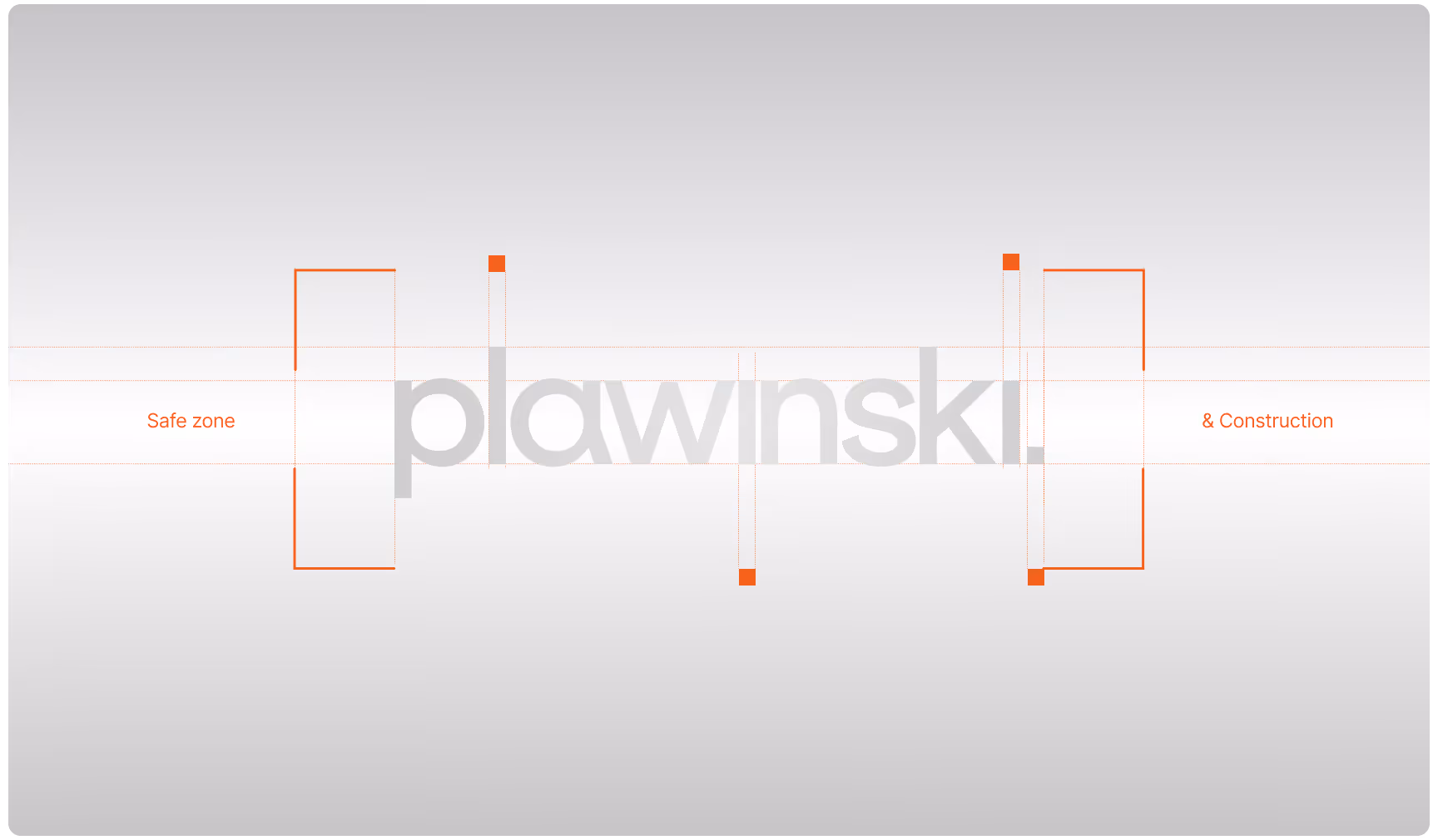 Plawinski logo construction guide illustrating safe zone spacing, alignment grid, and proportional measurements for the wordmark, demonstrating logo structure, clear space rules, and brand identity design standards.
