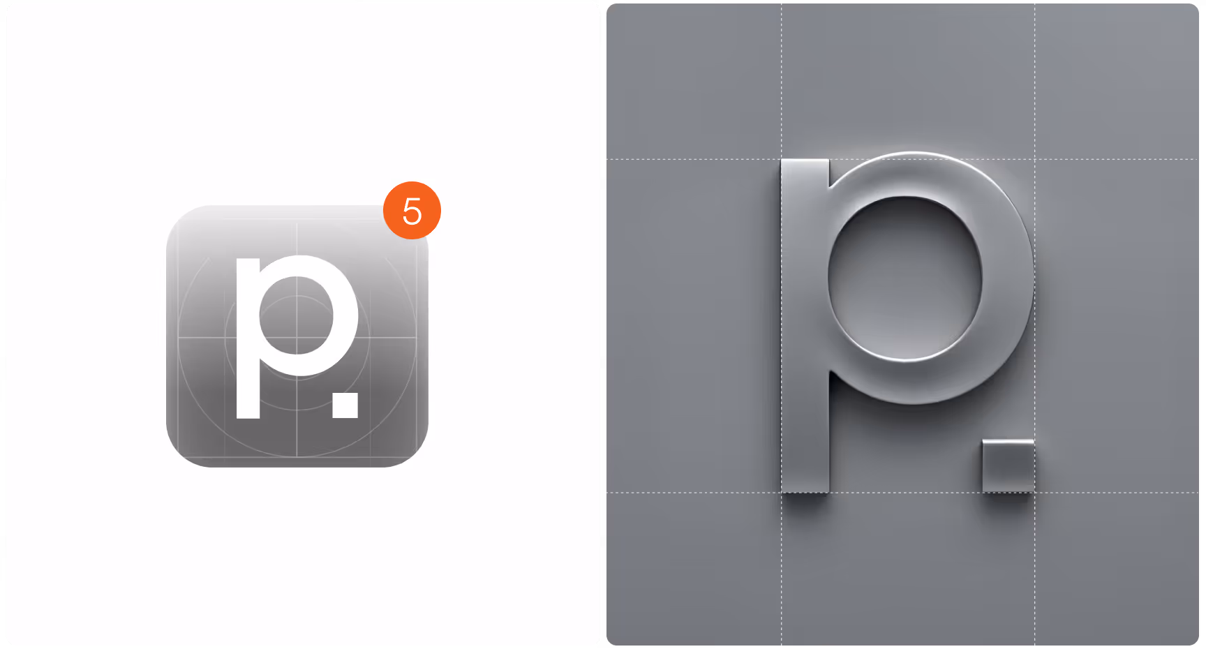 Plawinski brand icon system featuring a minimalist “P.” app icon with notification badge alongside a 3D monogram construction graphic, showcasing modern legal branding, logo design, and scalable digital identity elements.