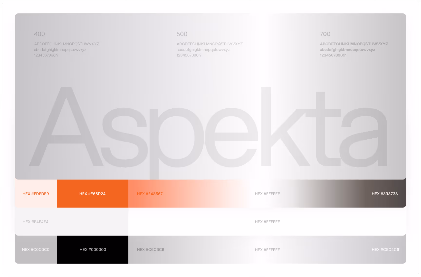 Brand color palette and typography guideline board for Aspekta, featuring large light gray logotype, font weight samples (400, 500, 700), uppercase and lowercase alphabet examples, numeric characters, and a structured grid of color swatches with HEX values