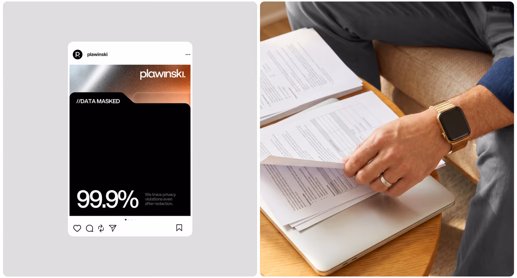 Split-screen design featuring a Plawinski social media post about data privacy alongside a close-up of legal documents being reviewed on a laptop, highlighting digital rights, privacy law, and modern legal branding.