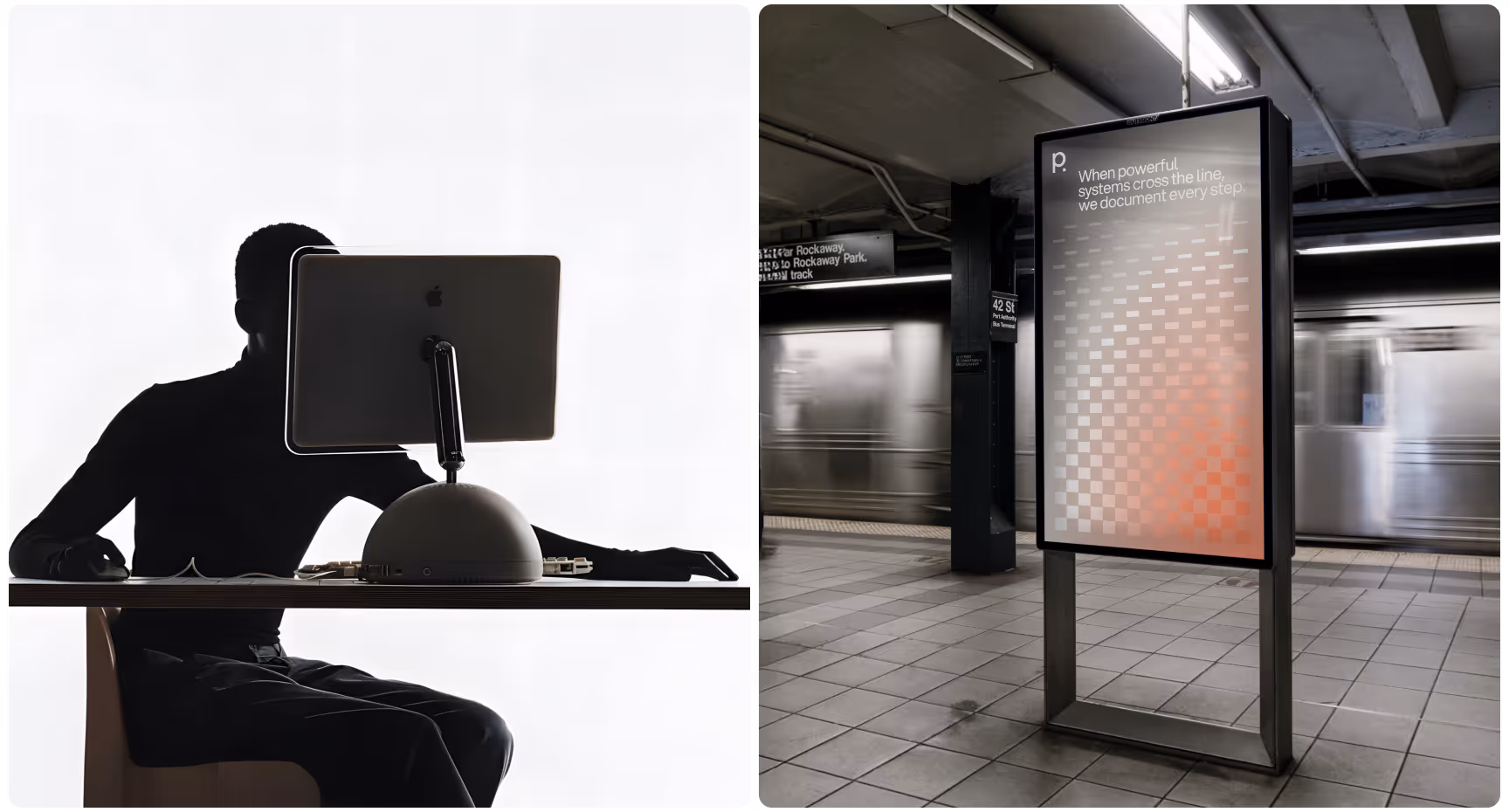 Split-screen showing a silhouetted person working at a desktop computer and a minimalist Plawinski billboard in a subway station, emphasizing digital surveillance, data privacy, and modern legal branding.
