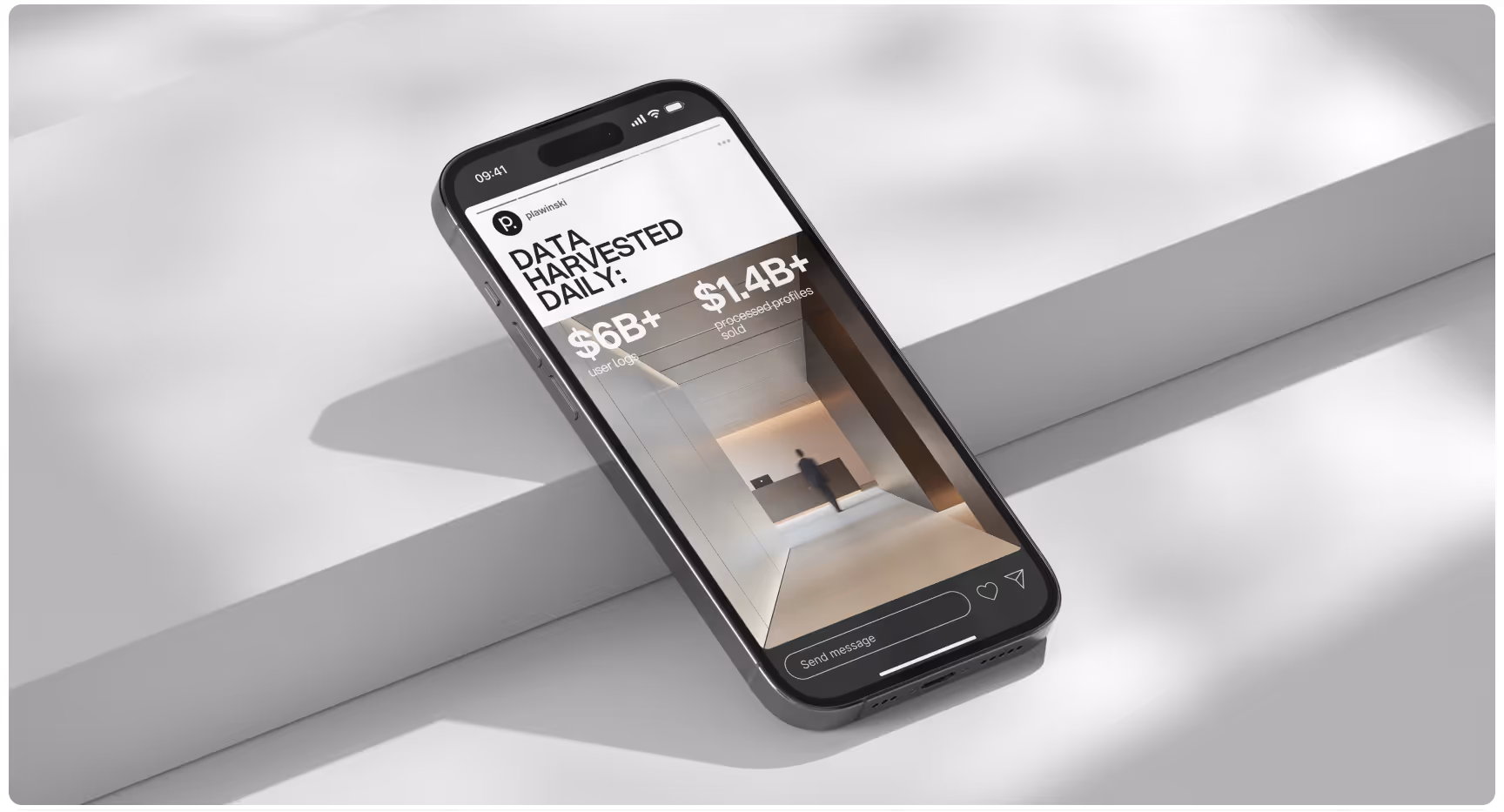 Mockup of a smartphone displaying a Plawinski social media campaign about data harvesting, featuring bold statistics, minimalist black-and-white branding, and a modern digital privacy awareness design on a clean gray background.