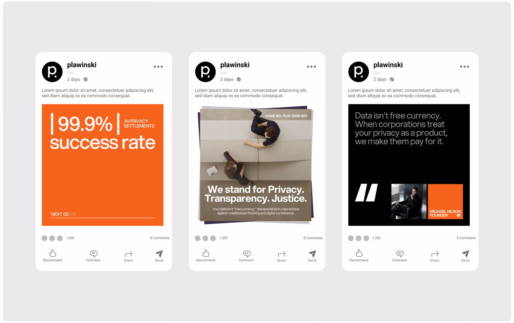 Three Plawinski social media post mockups showcasing bold legal marketing for digital privacy and data rights, featuring success statistics, privacy advocacy messaging, modern editorial layouts, and a minimalist black, white, and orange brand identity.