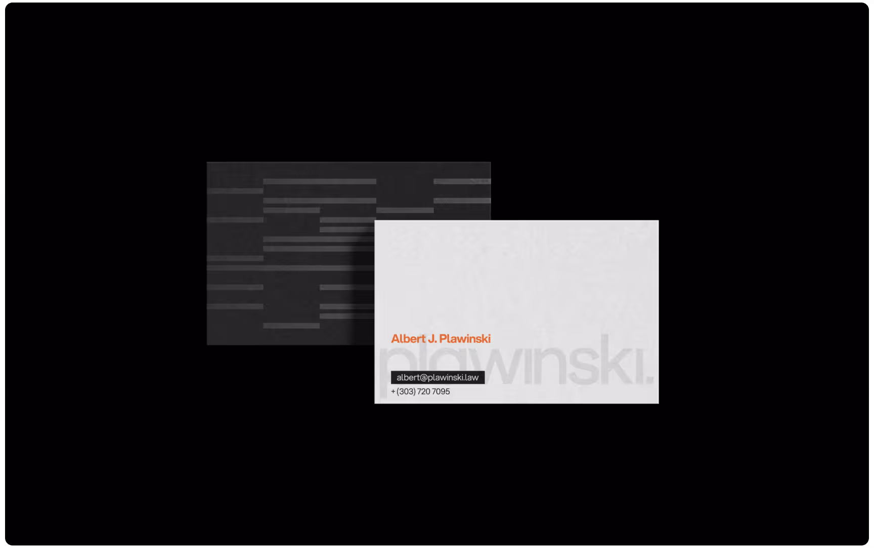 Minimalist Plawinski law firm business card design featuring black-and-white branding, subtle abstract line patterns, orange typography accents, and modern contact information layout for a digital privacy and legal services identity.