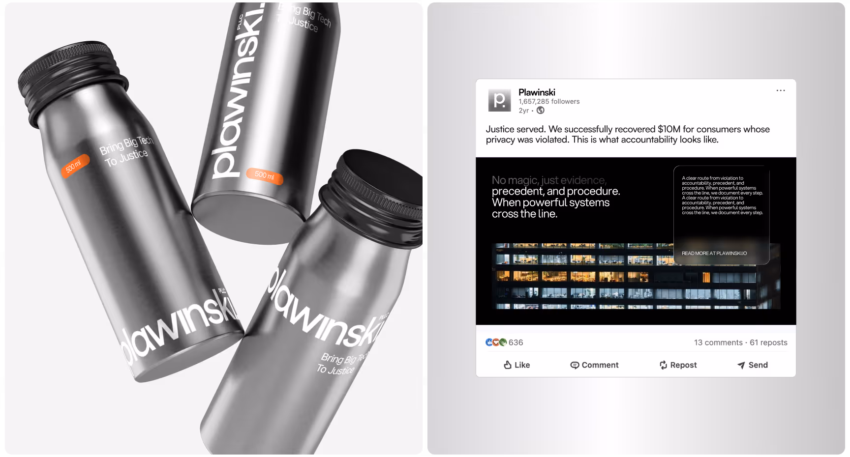Brand identity mockup featuring Plawinski stainless steel water bottles and a LinkedIn post promoting digital privacy litigation, showcasing minimalist black-and-white branding, bold legal messaging, and modern corporate marketing focused on accountability