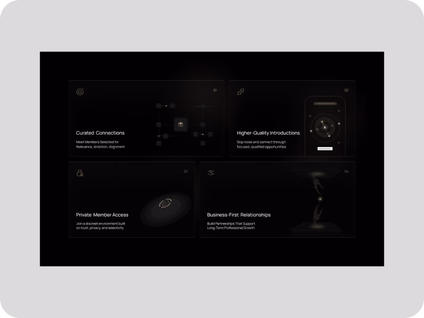 Dark minimalist Ledger Society website section showing four feature cards: “Curated Connections,” “Higher-Quality Introductions,” “Private Member Access,” and “Business-First Relationships,” with subtle gold icons, network graphics, and premium black styli