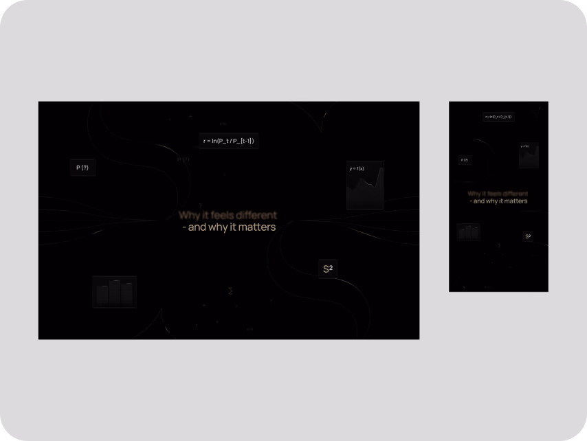 Dark presentation slide reading “Why it feels different—and why it matters,” with abstract lines, formulas, data cards, and a mobile preview.