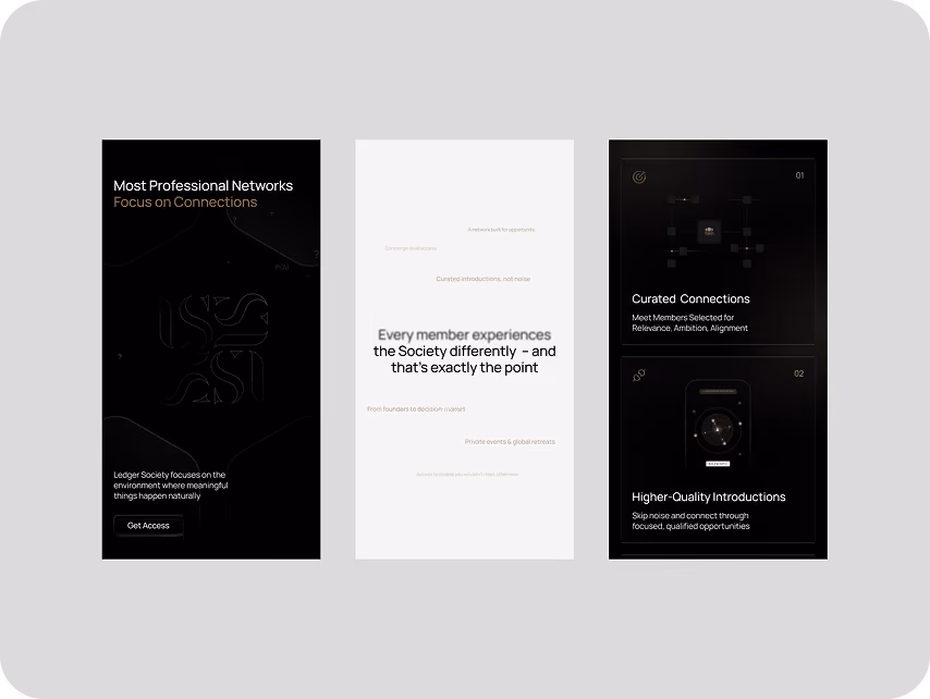 Three-panel app mockup for professional networking: dark screens show curated connections and introductions, while the center states member differences.