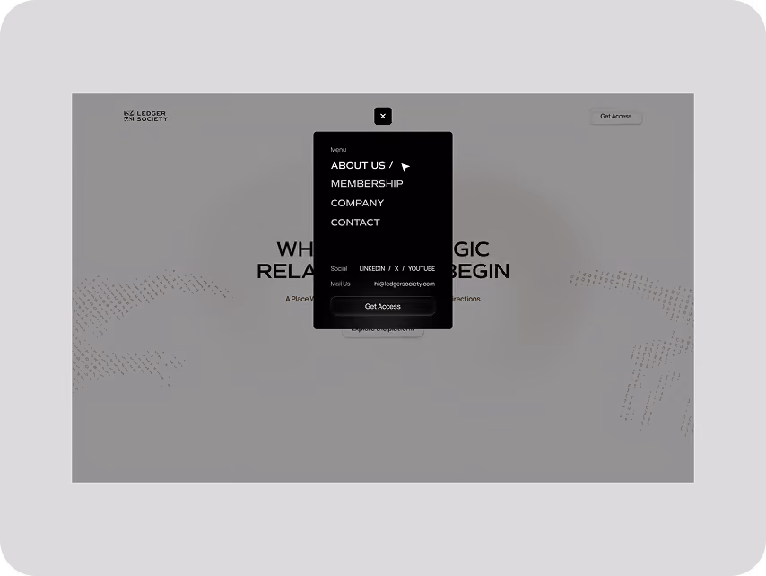 Grayscale website homepage with a centered black navigation menu listing About Us, Membership, Company, and Contact over abstract dotted graphics.