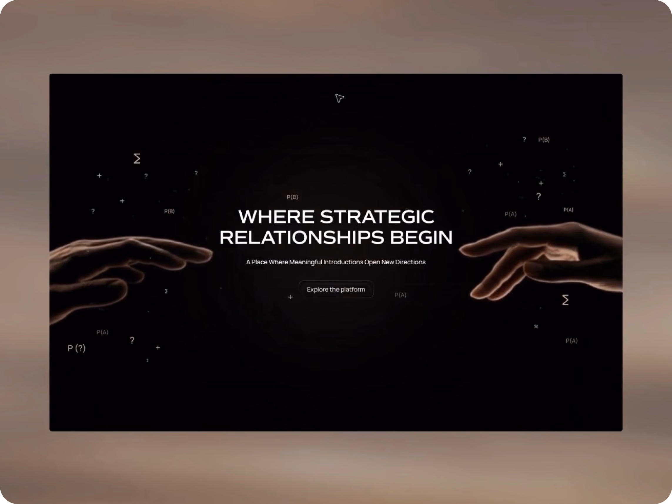 Minimalist Ledger Society website homepage screenshot with a white interface, centered headline “WHERE STRATEGIC RELATIONSHIPS BEGIN,” subheading “A Place Where Meaningful Introductions Open New Directions,” Explore the platform and Get Access buttons, and subtle dotted abstract patterns along both sides.
