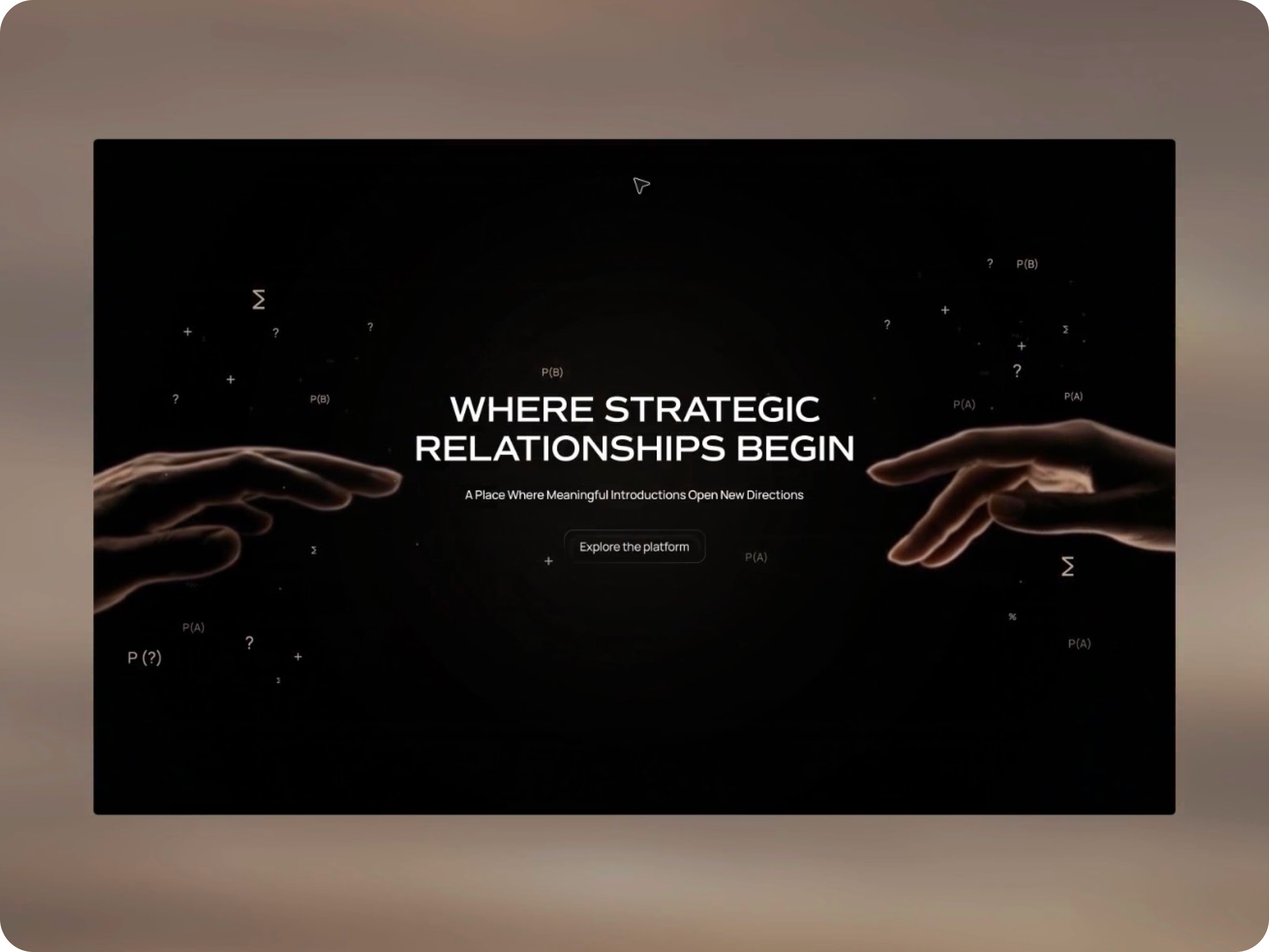 Minimalist Ledger Society website homepage screenshot with a white interface, centered headline “WHERE STRATEGIC RELATIONSHIPS BEGIN,” subheading “A Place Where Meaningful Introductions Open New Directions,” Explore the platform and Get Access buttons, and subtle dotted abstract patterns along both sides.
