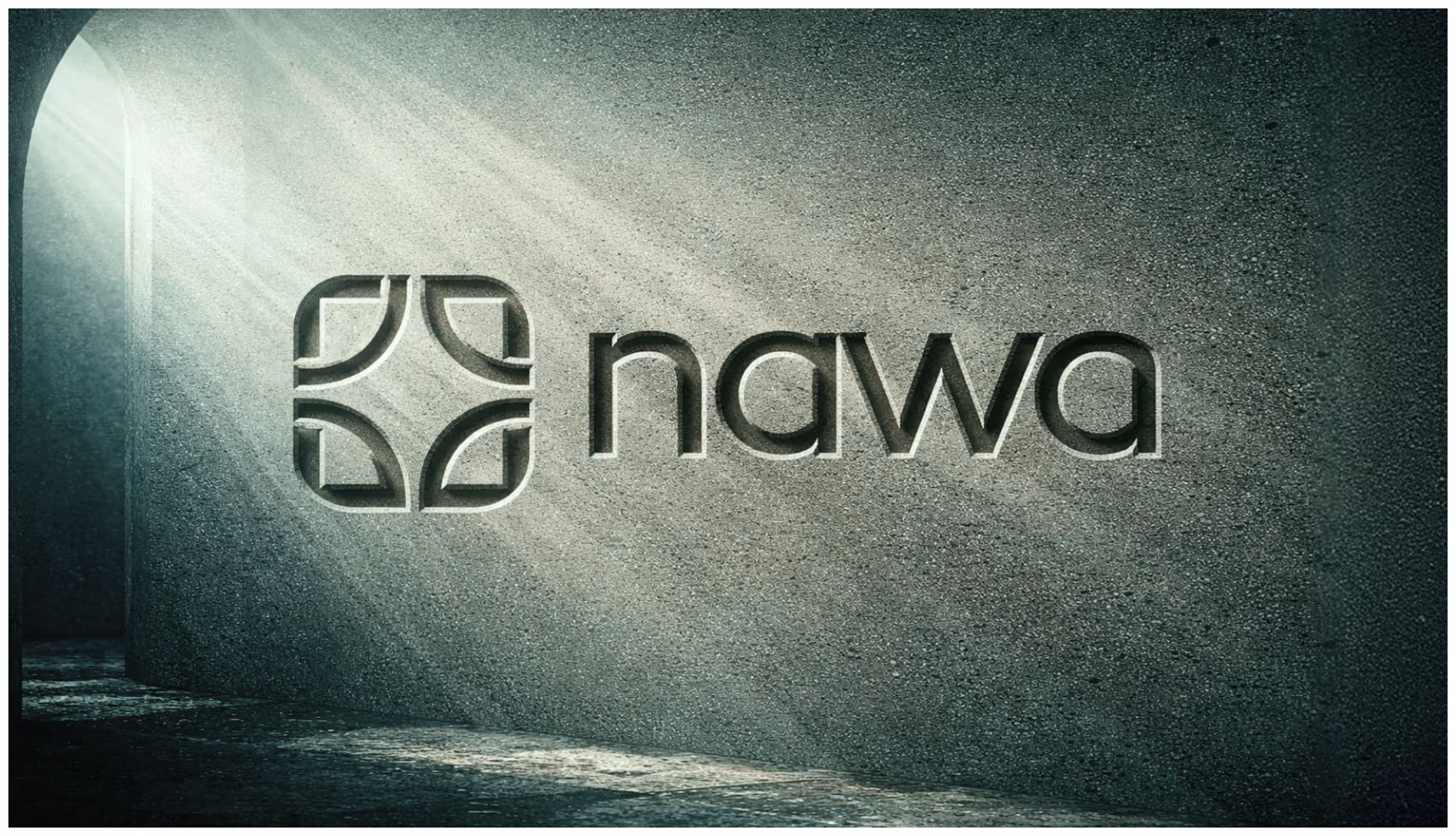 Monochrome “nawa” logo on a textured concrete wall, illuminated by dramatic diagonal beams of light, creating a moody, industrial atmosphere.