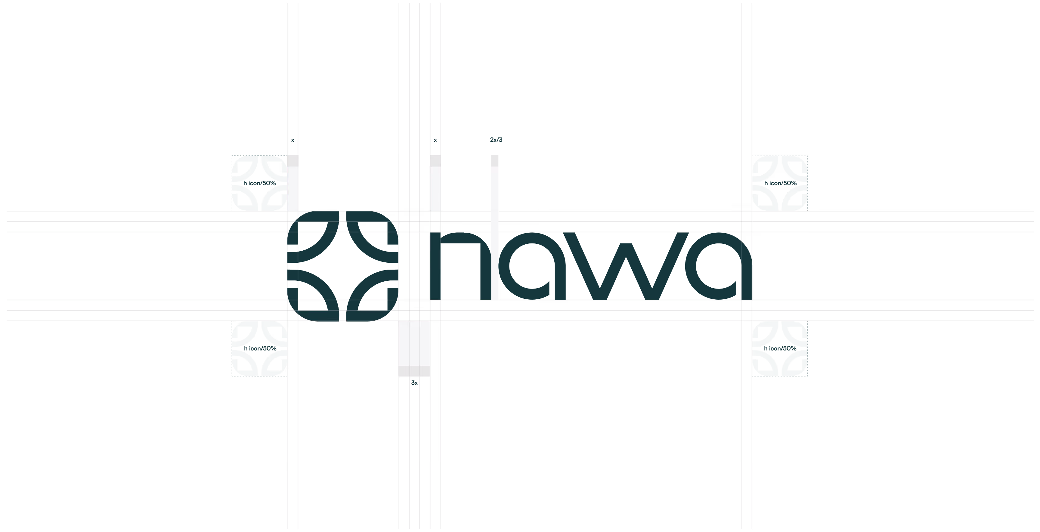 Dark, minimalist graphic with a teal “nahwa” wordmark and circular geometric logo, fine grid lines, and white bars conveying a technical tone.