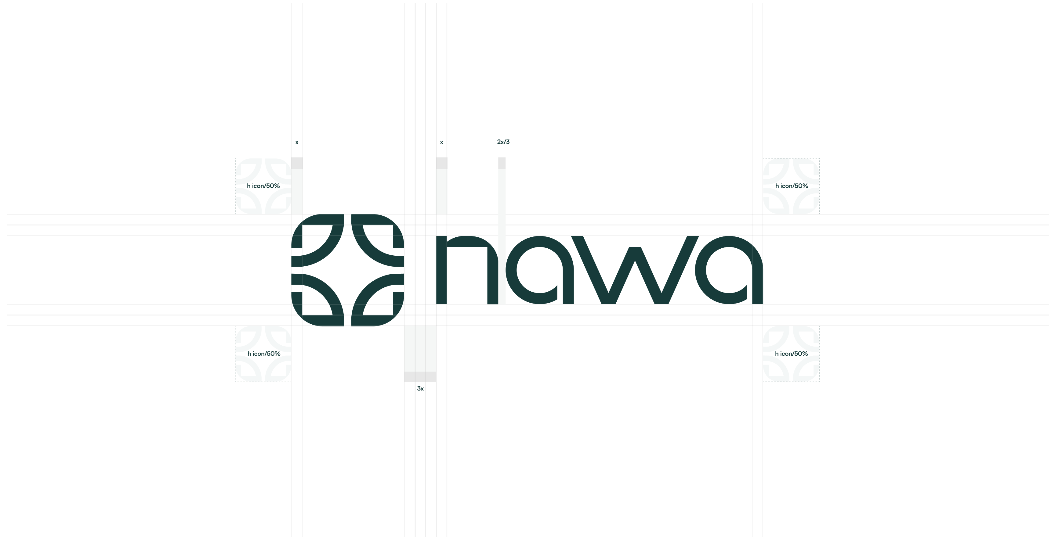 Dark, minimalist graphic with a teal “nahwa” wordmark and circular geometric logo, fine grid lines, and white bars conveying a technical tone.