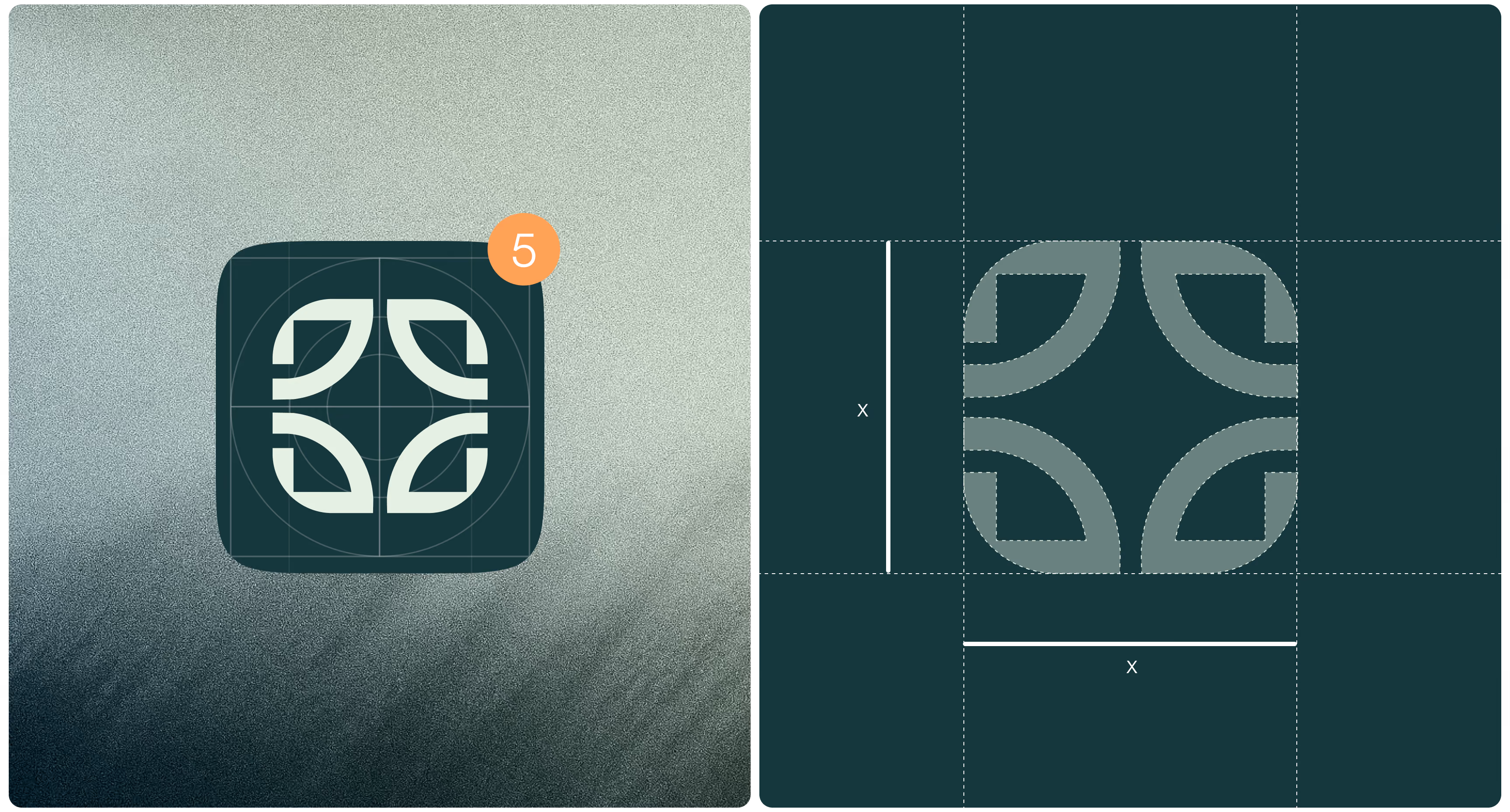 Split image shows a dark rounded-square app icon with four white curved shapes and an orange “5” badge beside its geometric construction guide.