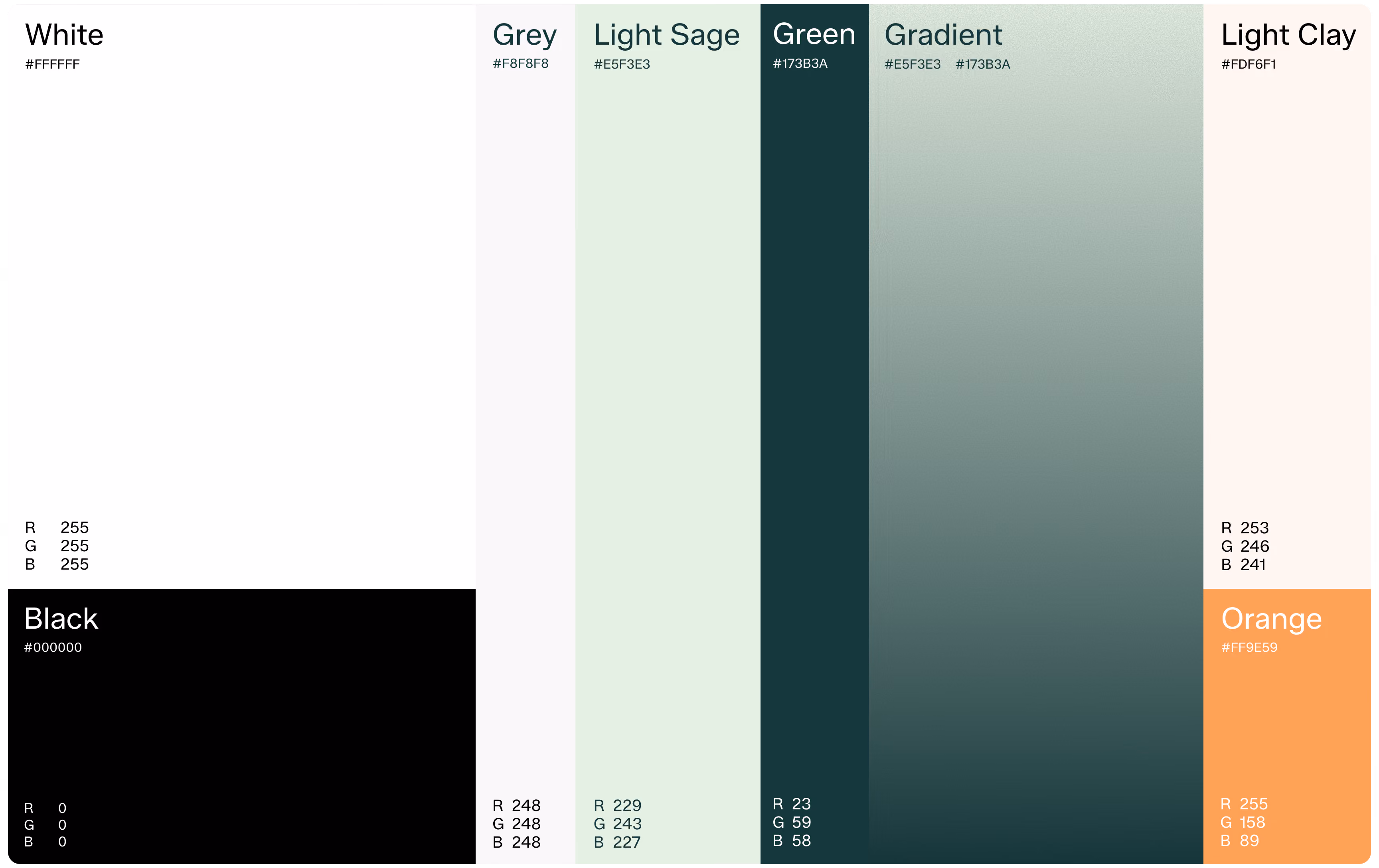 Color palette showing white, gray, light sage, deep green, green-to-gray gradient, light clay, black, and orange swatches in a calm, earthy style.