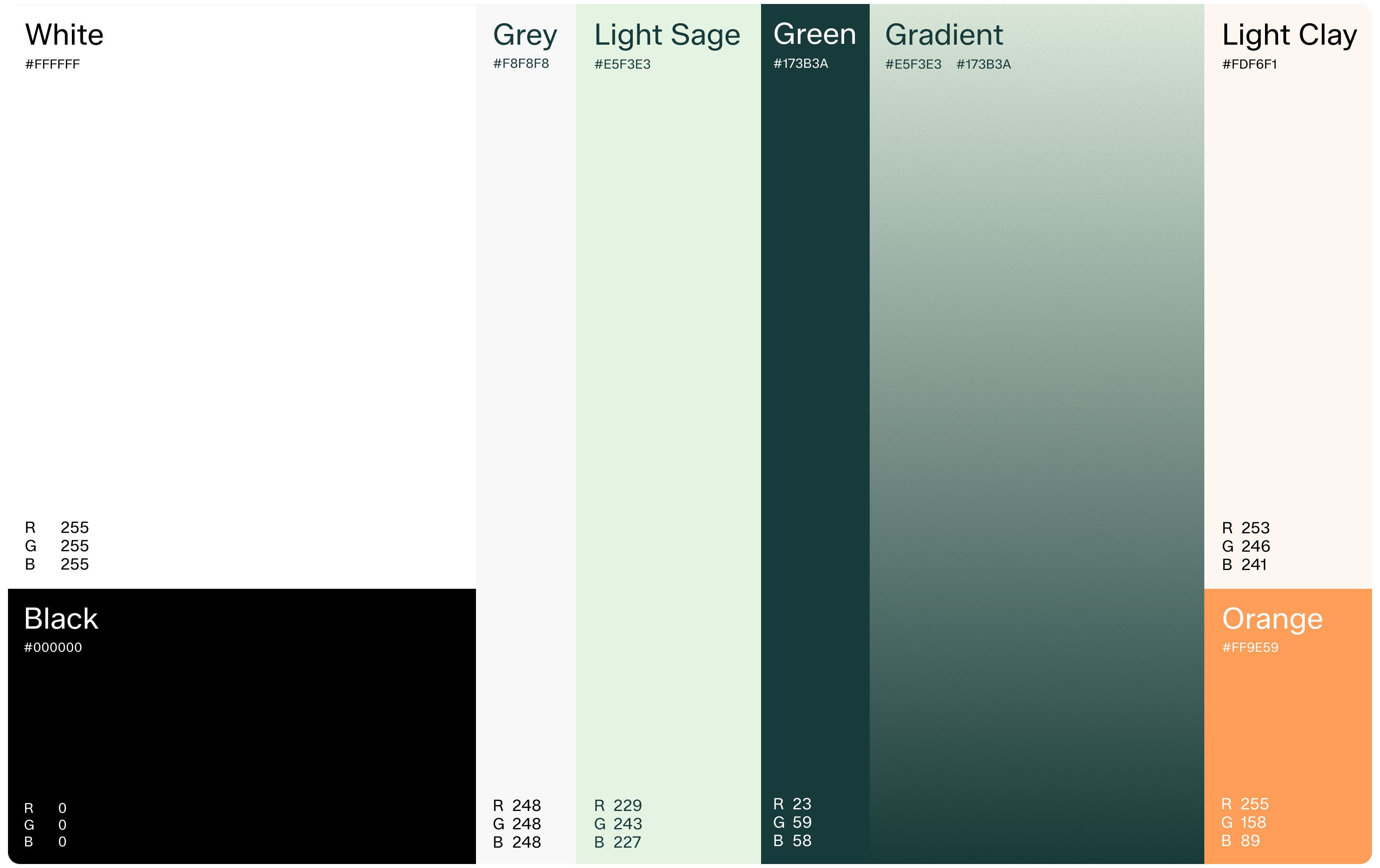 Color palette showing white, gray, light sage, deep green, green-to-gray gradient, light clay, black, and orange swatches in a calm, earthy style.