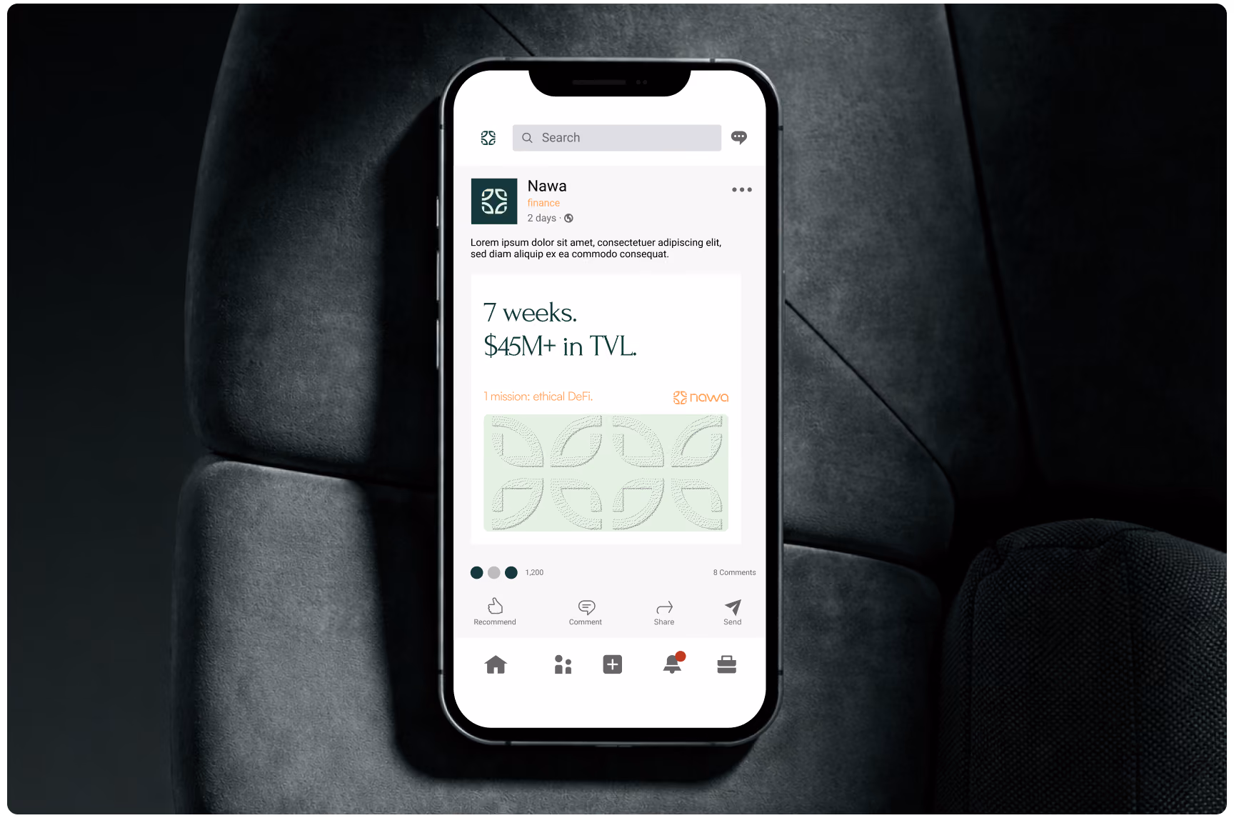 Smartphone displaying a social media post announcing “7 weeks. $45M+ in TVL,” resting on a dark car seat; sleek, dramatic tone.