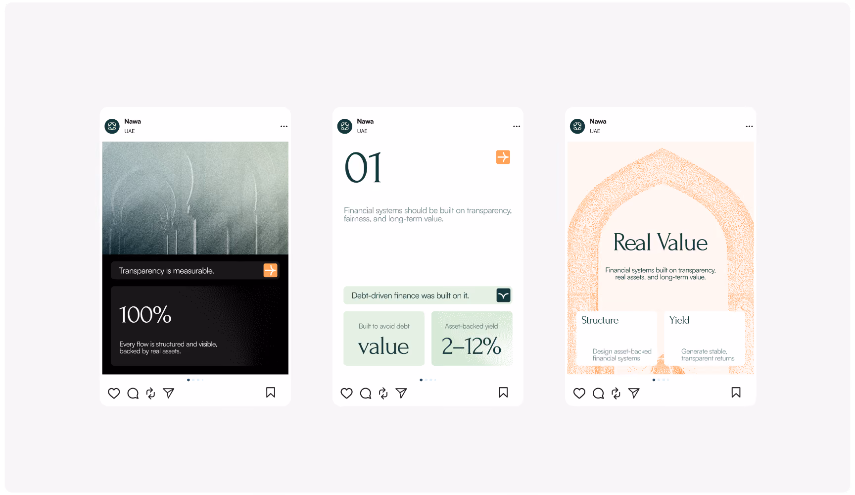 Three Instagram-style posts present a sustainability campaign: recycled materials, “100%,” value data, and a positive “Real Value” message.