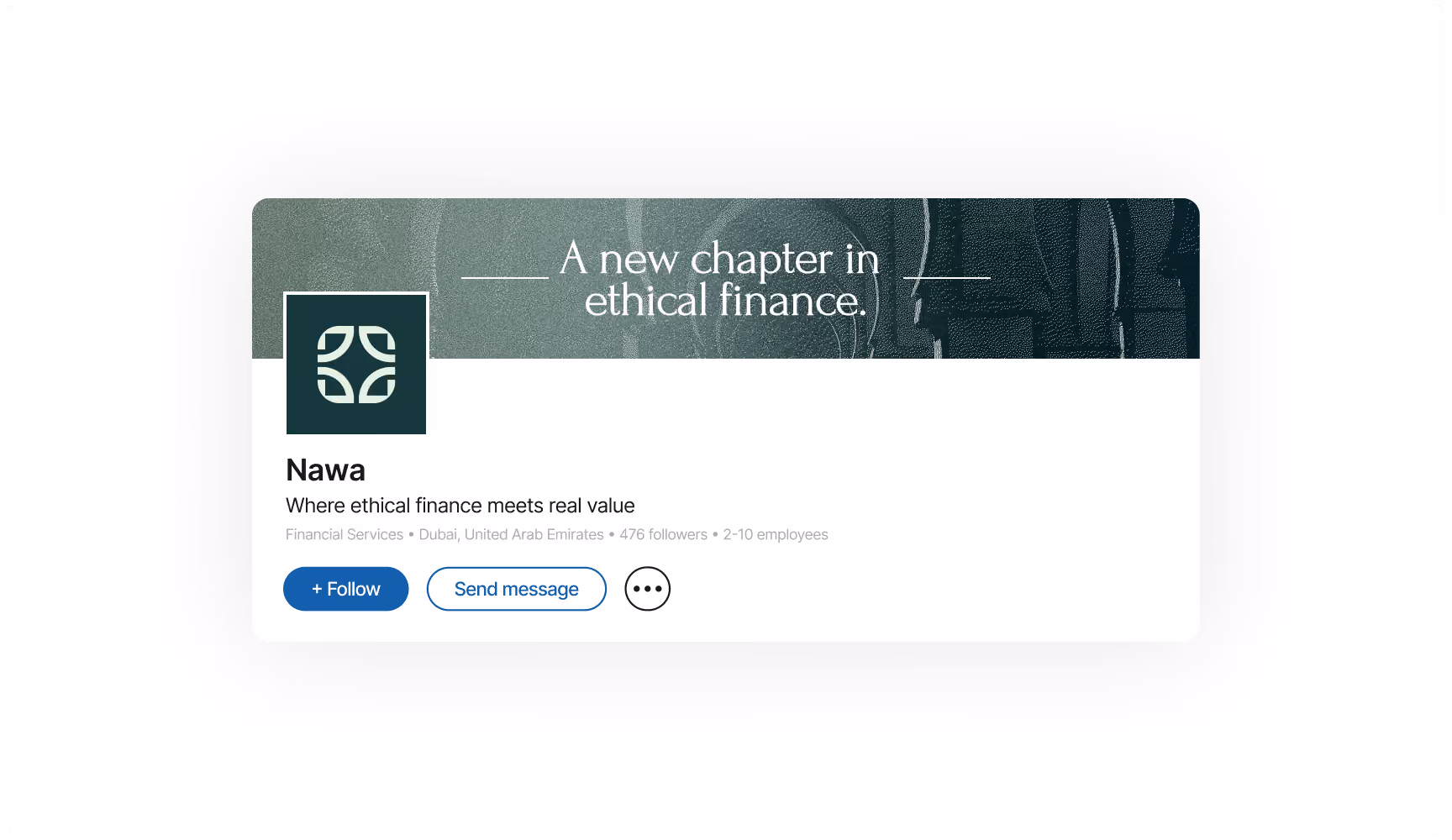 LinkedIn profile for Nawa, an ethical finance company, with a dark green banner reading “A new chapter in ethical finance,” Follow and message buttons, and a hopeful tone.