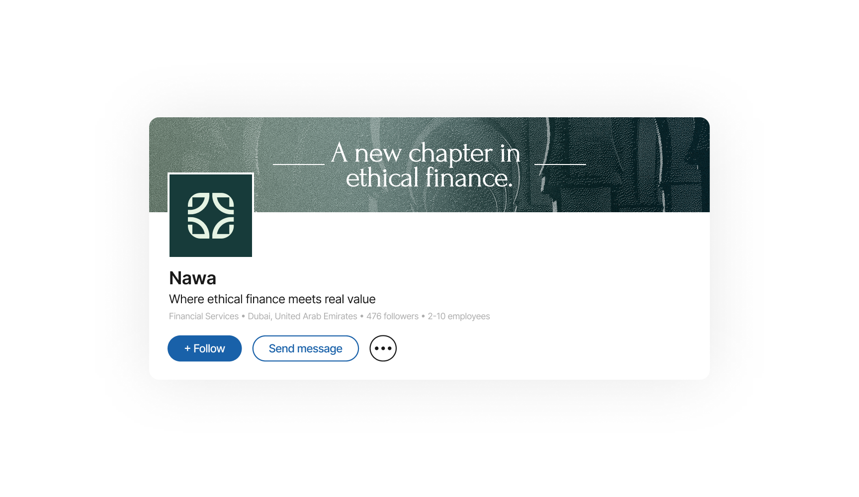 LinkedIn profile for Nawa, an ethical finance company, with a dark green banner reading “A new chapter in ethical finance,” Follow and message buttons, and a hopeful tone.