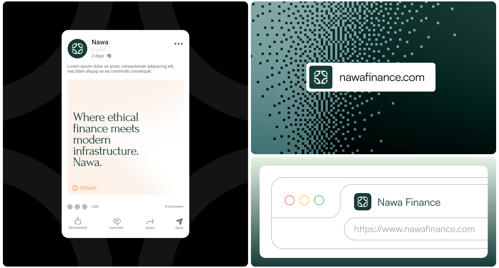 Nawa Finance branding shown in a social media post and website mockup, with dark green graphics promoting ethical finance and modern infrastructure.