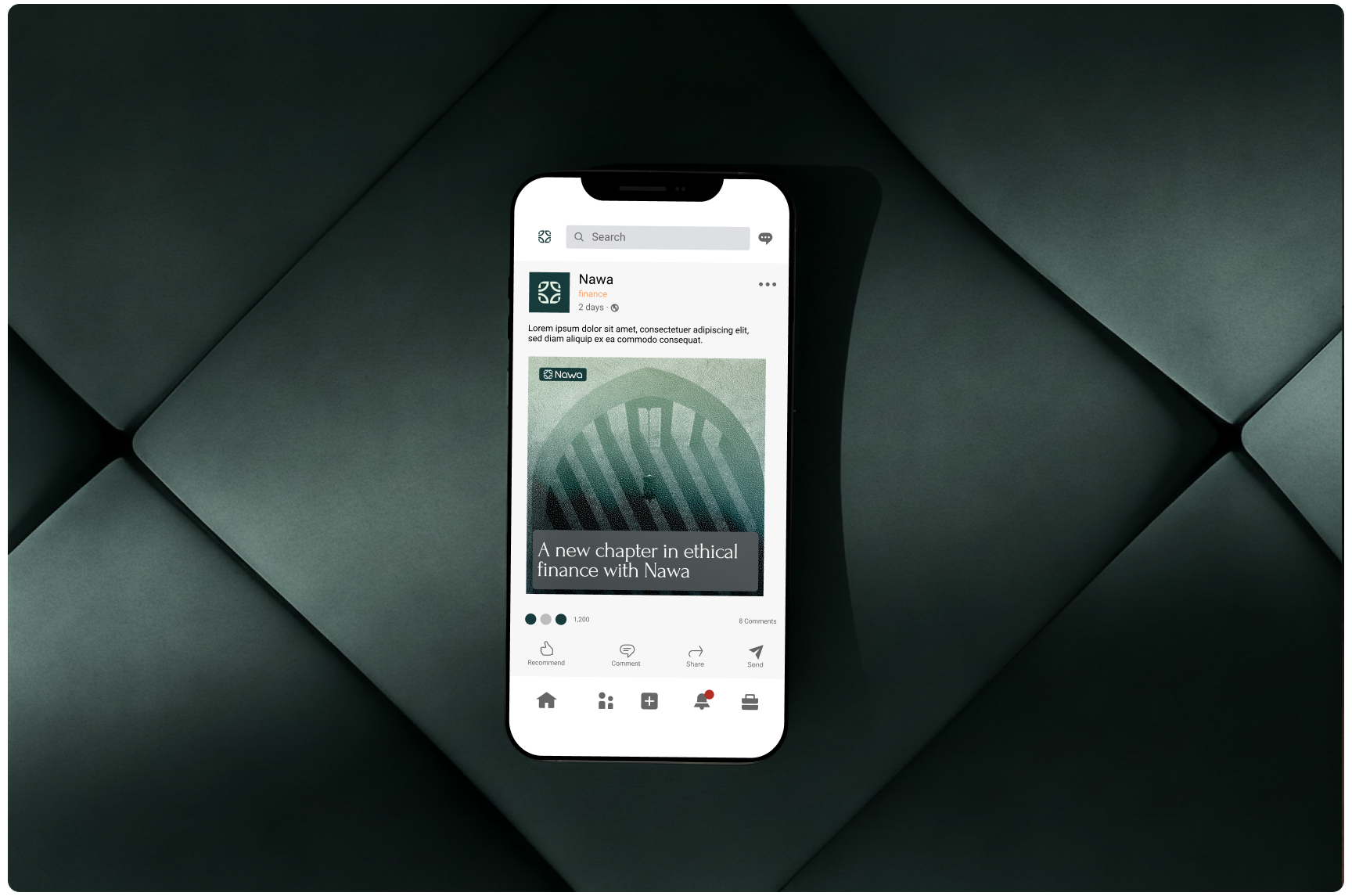 Smartphone displaying a social media post about ethical fashion rests on dark, quilted fabric, creating a moody, modern atmosphere.