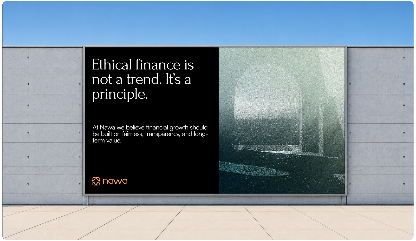 Outdoor billboard for Nova promotes ethical finance, transparency, and fairness, featuring a black message panel beside a misty, reflective image.