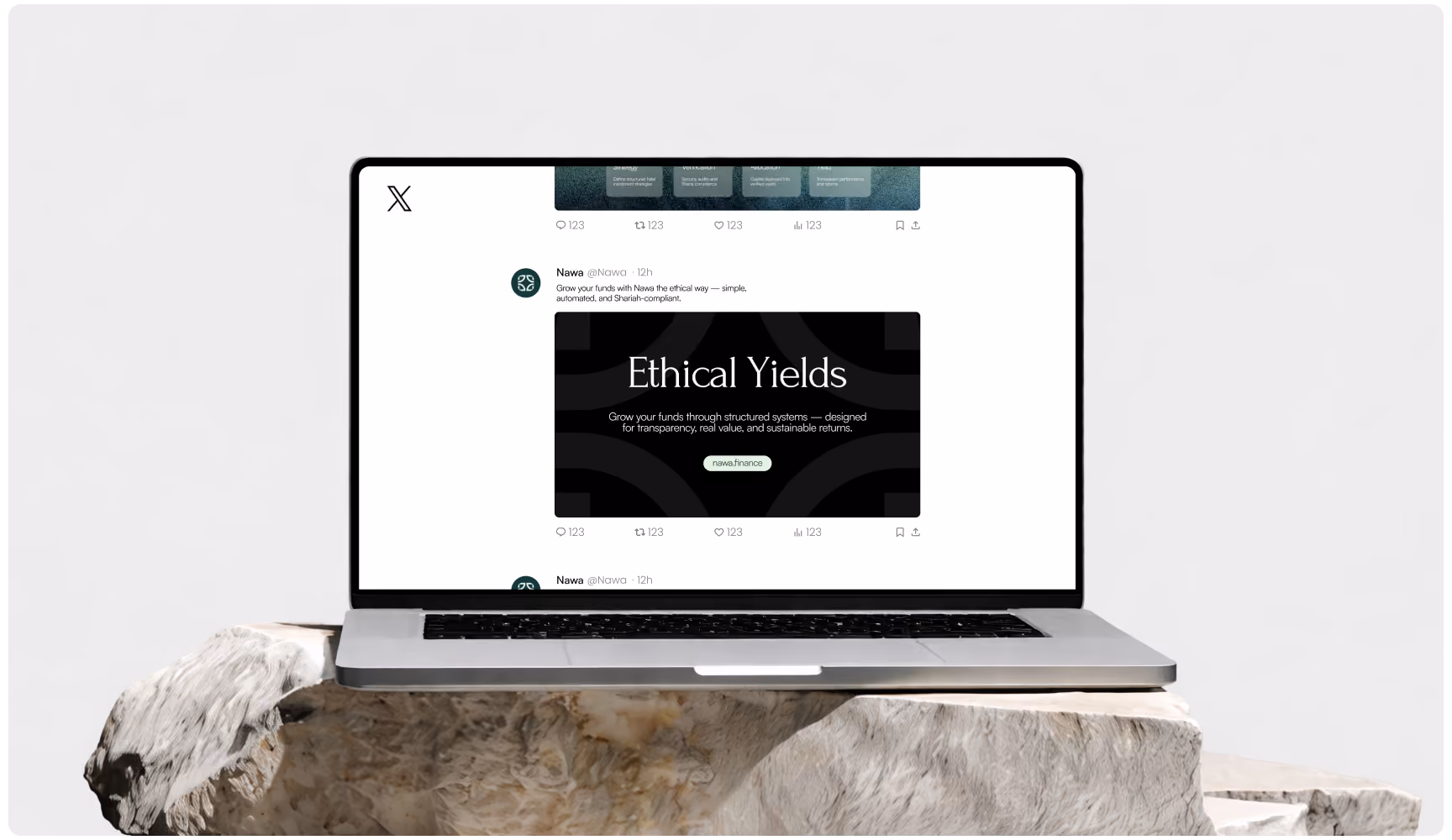 Laptop resting on a rugged rock displays a social media post titled “Ethical Yields,” blending technology, nature, and sustainability.