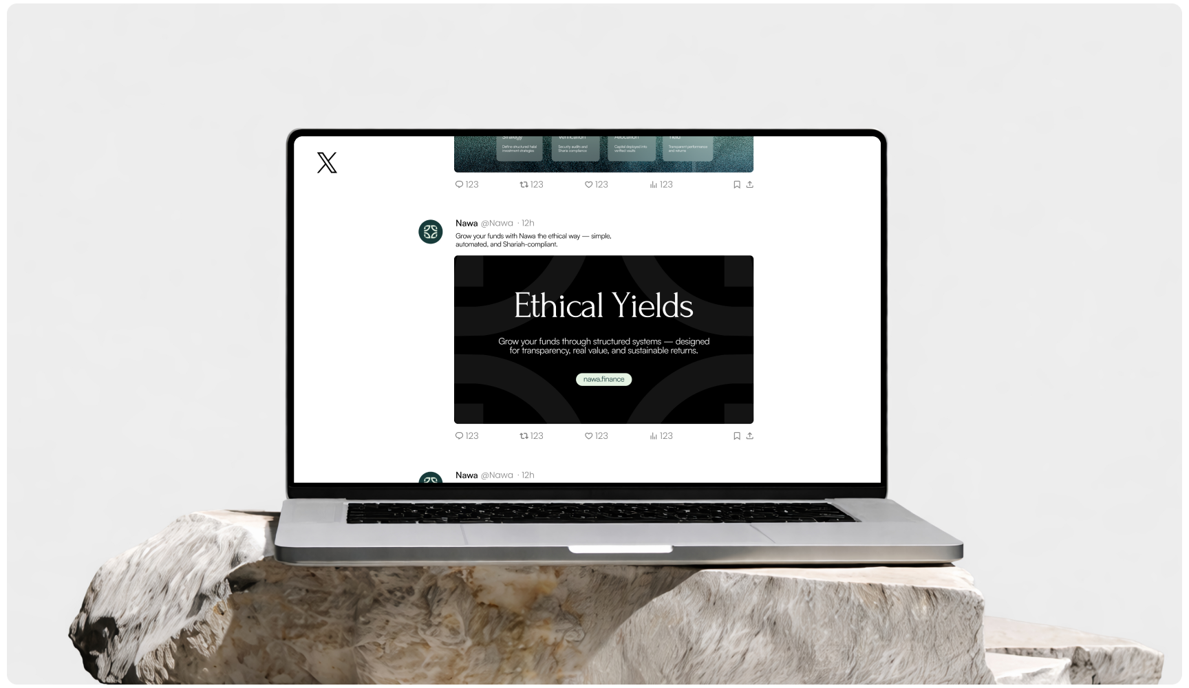 Laptop resting on a rugged rock displays a social media post titled “Ethical Yields,” blending technology, nature, and sustainability.