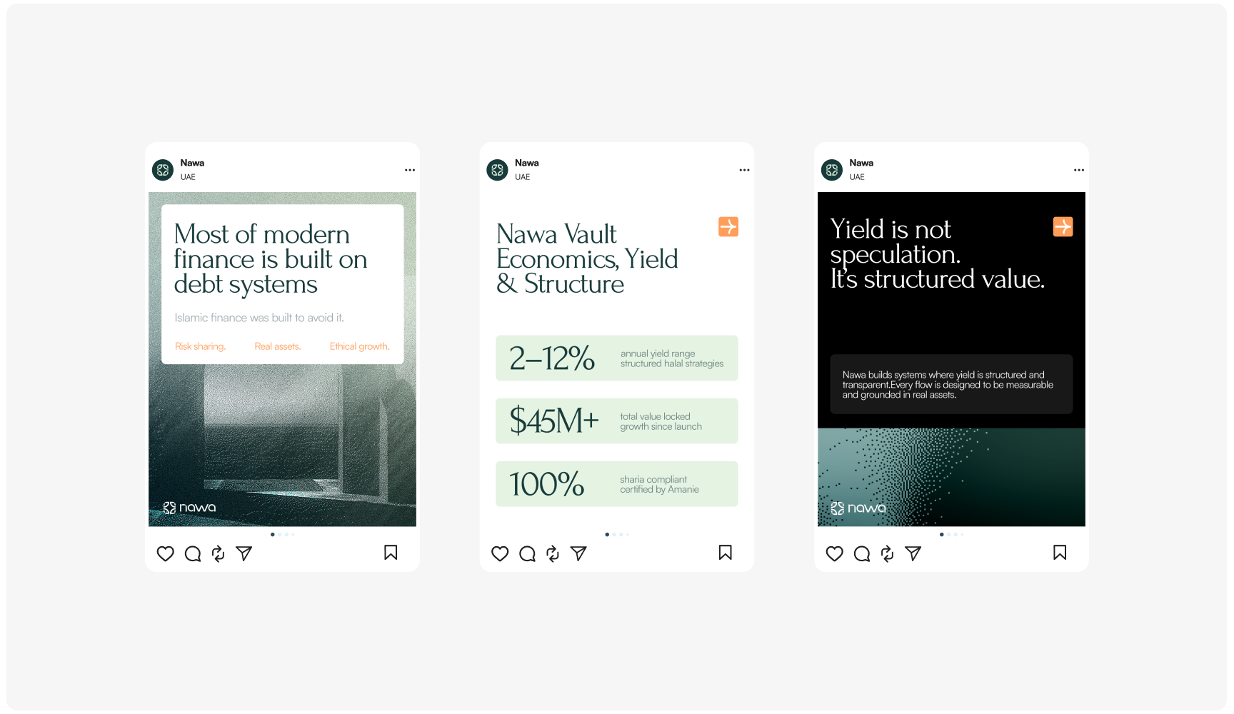 Three minimalist social posts explain modern finance: debt-based systems, Nava Vault yield metrics, and yield as structured value.