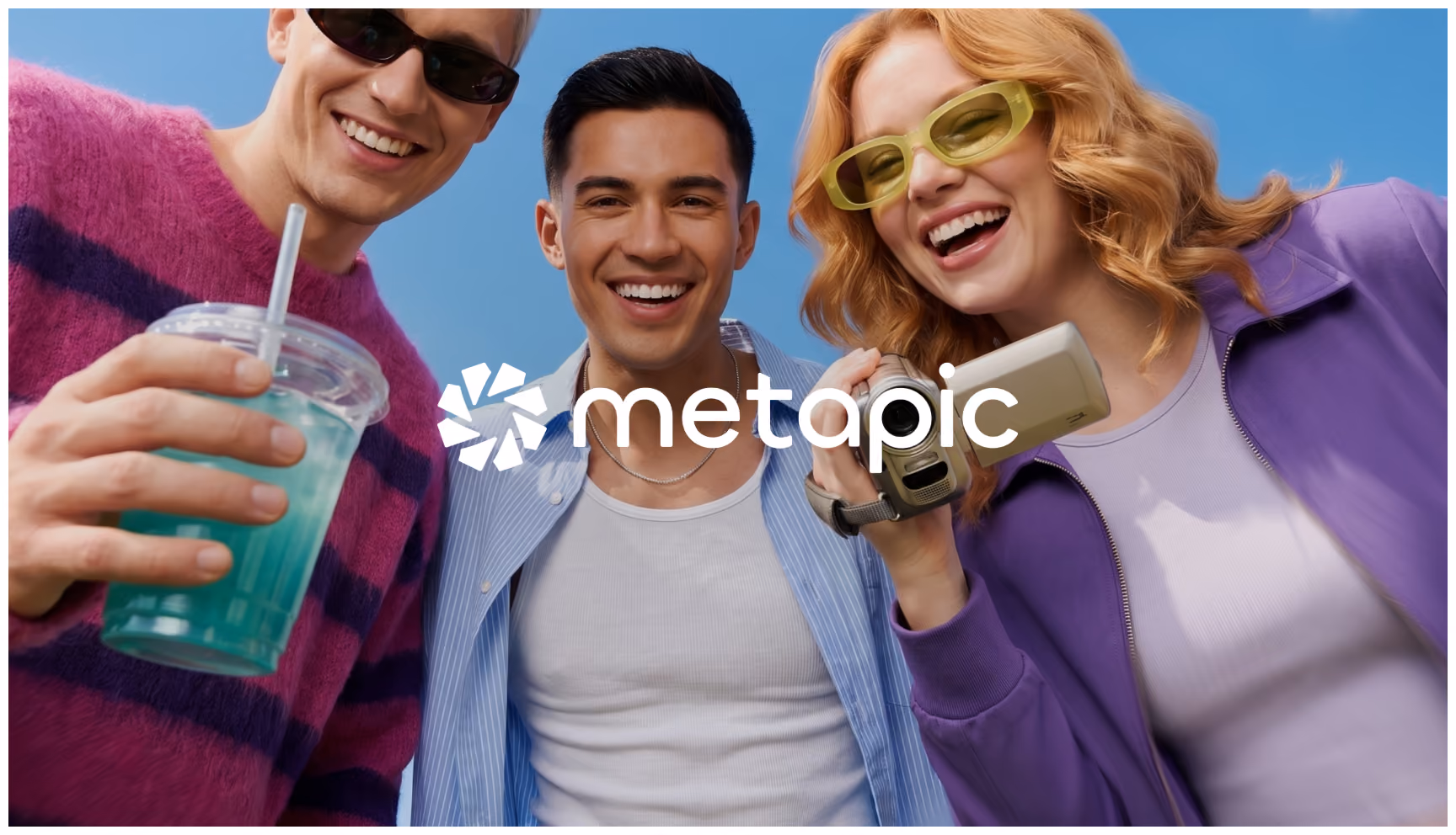 Three smiling young adults outdoors wearing sunglasses; one holds an iced drink, another holds a handheld camcorder, with the "metapic" logo overlaid in the center.
