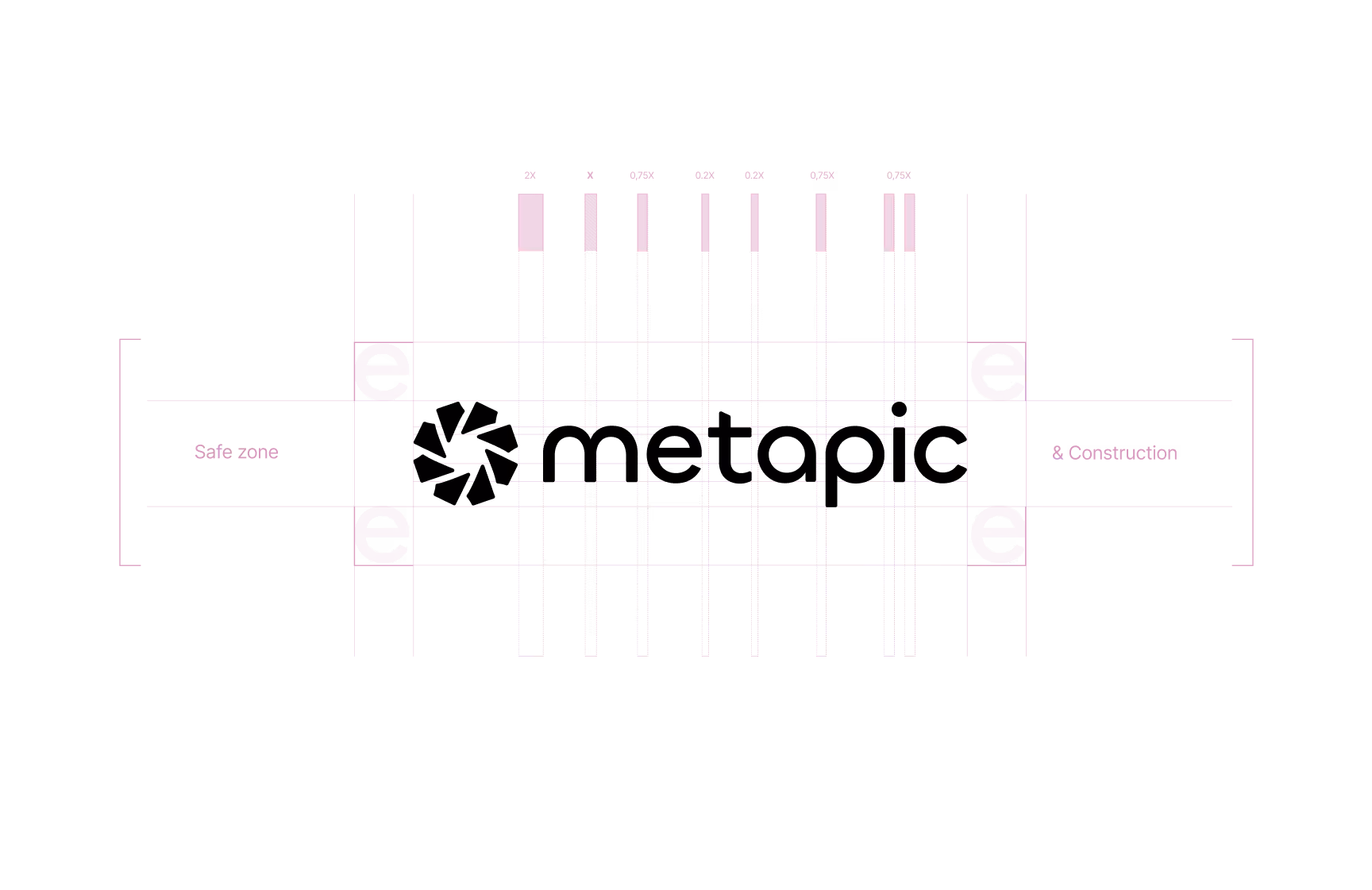 A brand design grid diagram illustrating the safe zone and construction proportions of the "metapic" logo against a white background with pink measurement guides.