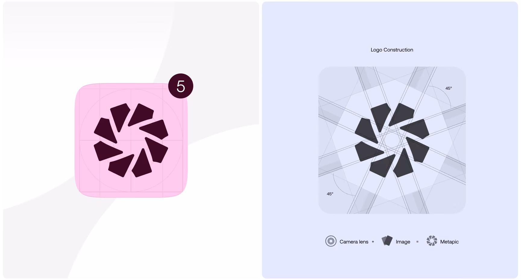 A side-by-side graphic featuring a pink app icon on the left with a notification badge, and a "Logo Construction" diagram on the right detailing geometric angles and icon origin formulas for Metapic.