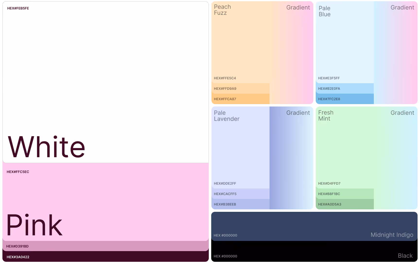 A brand color palette grid displaying color swatches with HEX codes for White, Pink, Peach Fuzz, Pale Blue, Pale Lavender, Fresh Mint, Midnight Indigo, and Black alongside smooth pastel gradients.