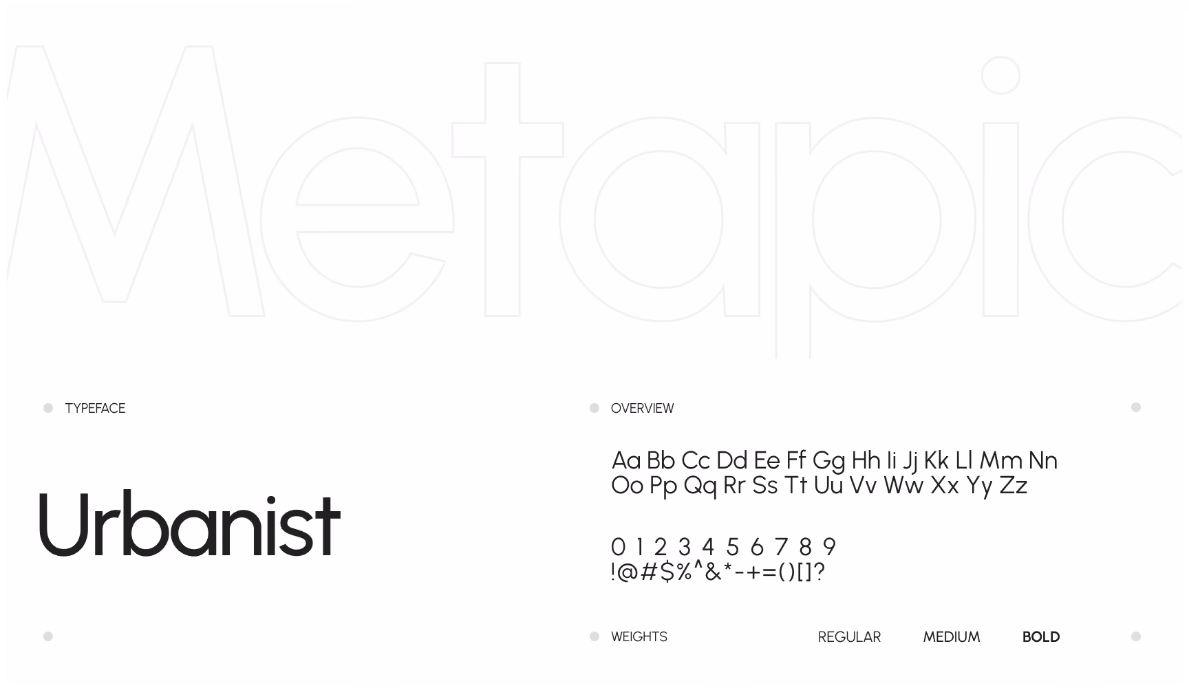 A typography brand slide displaying the Urbanist typeface, featuring character set previews, numbers, symbols, and available font weights on a white background.