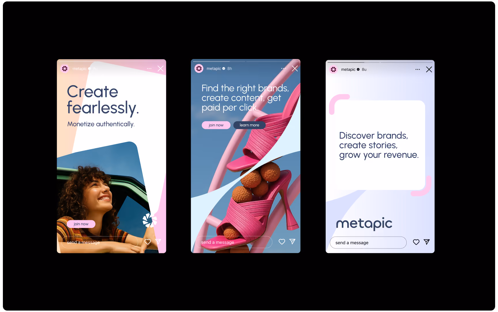 Three vertical mobile social media stories displaying Metapic promotional ads with taglines about content creation, monetization, and brand discovery.
