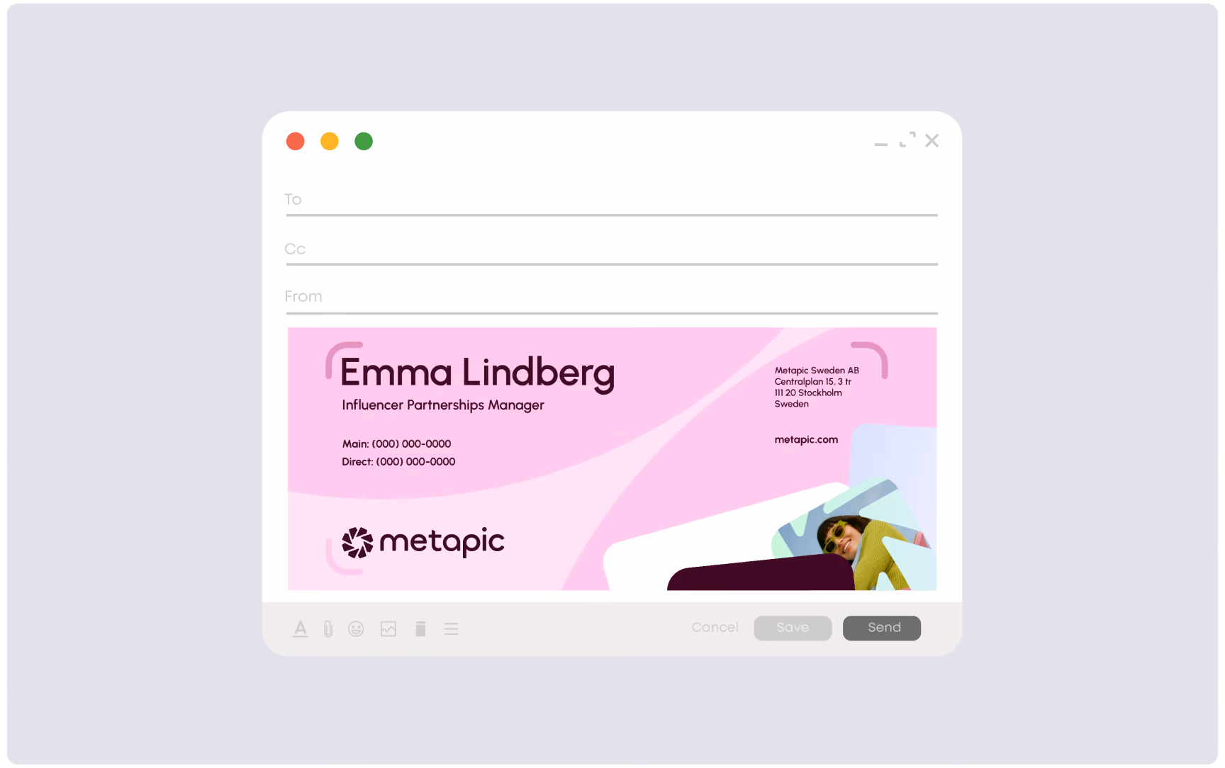 An email composer window displaying a branded Metapic email signature for Influencer Partnerships Manager Emma Lindberg.