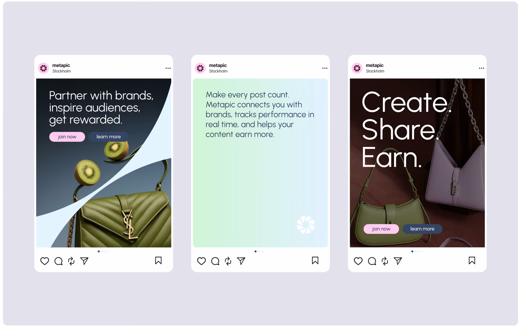Three social media feed posts side-by-side promoting Metapic, showcasing luxury handbags, brand partnerships, and performance tracking text against pastel backgrounds.