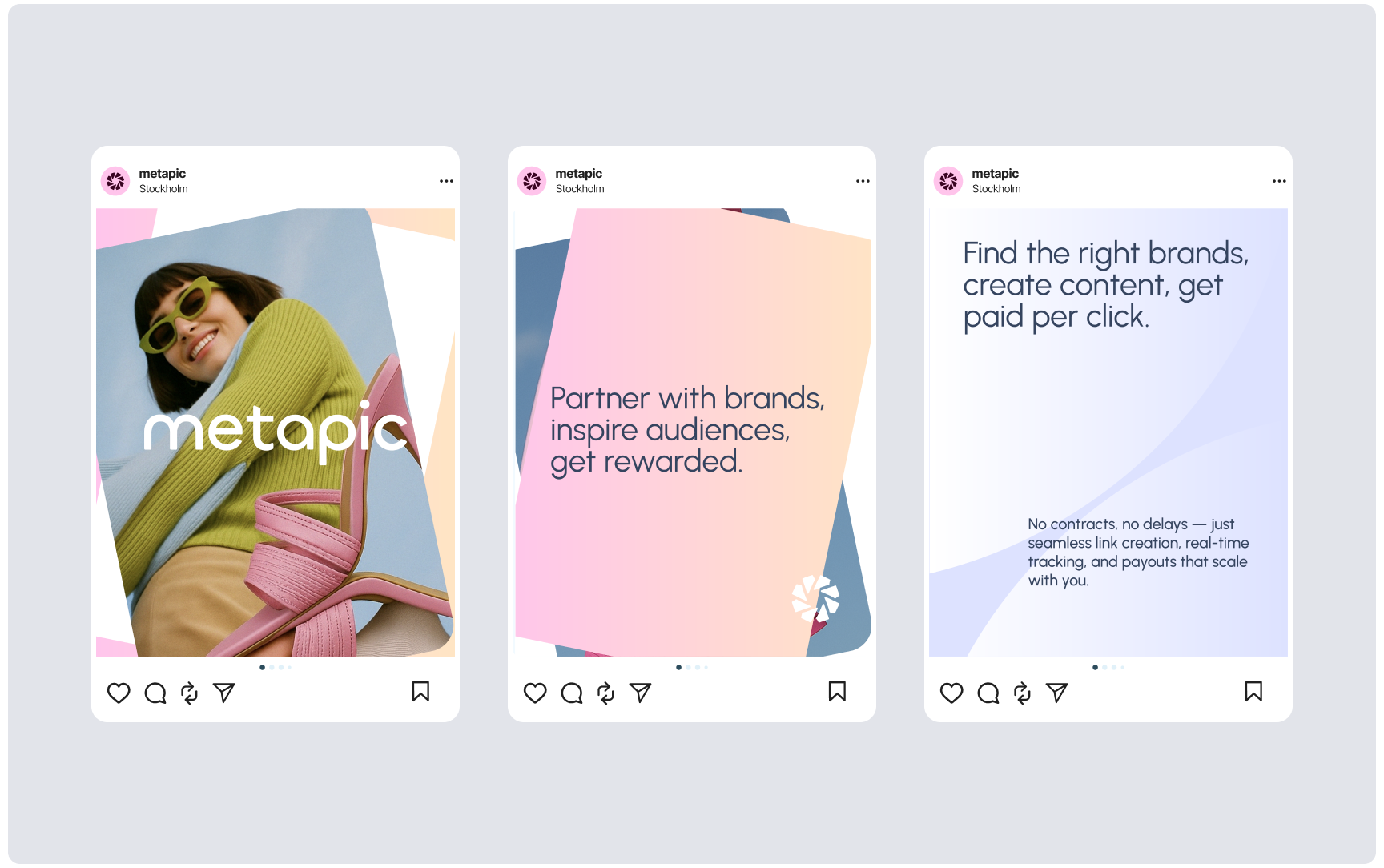Three social media feed posts side-by-side promoting Metapic, featuring lifestyle photography, brand partnership messaging, and text about pay-per-click monetization.