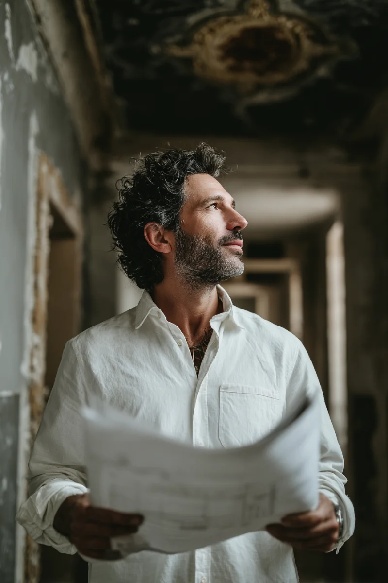 Architecte sur un chantier de rénovation de luxe consultant des plans