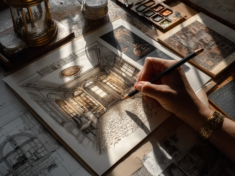 Main d'un architecte dessinant un croquis de tapis sur-mesure